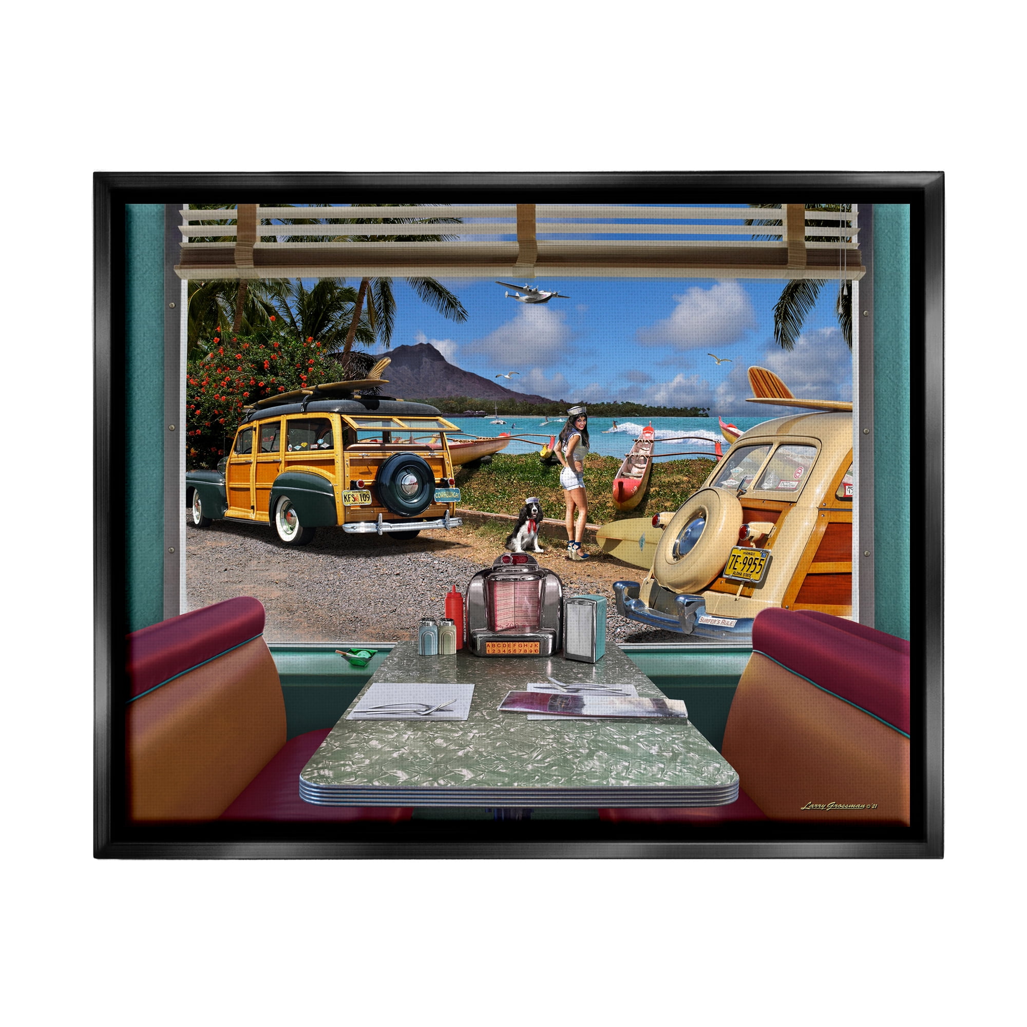 Stupell Industries Vintage Diner Beach View Transportation Painting Black Floater Framed Canvas Art Print Wall Art, 31 x 25