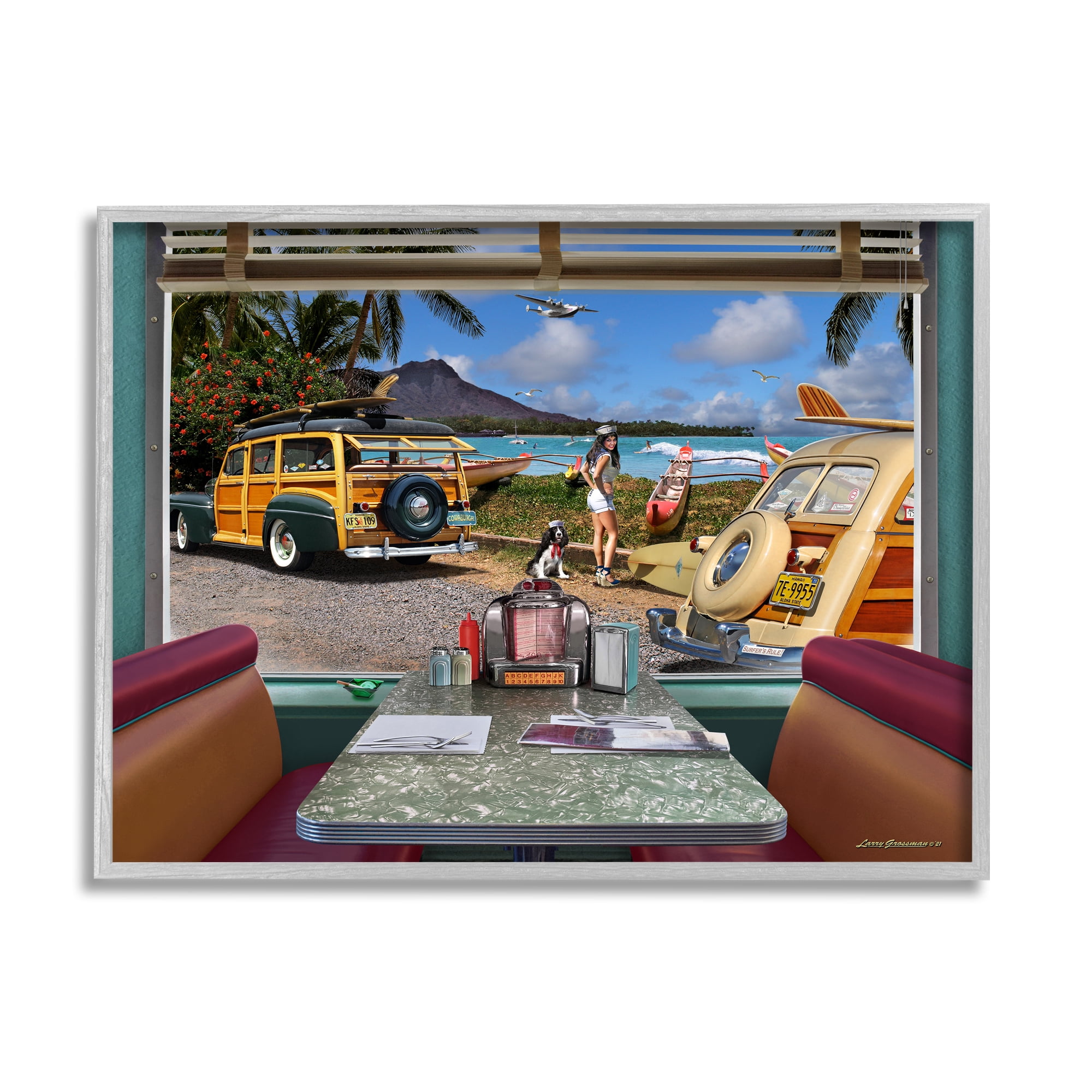 Stupell Industries Vintage Diner Beach View Transportation Painting Gray Framed Art Print Wall Art, 20 x 16