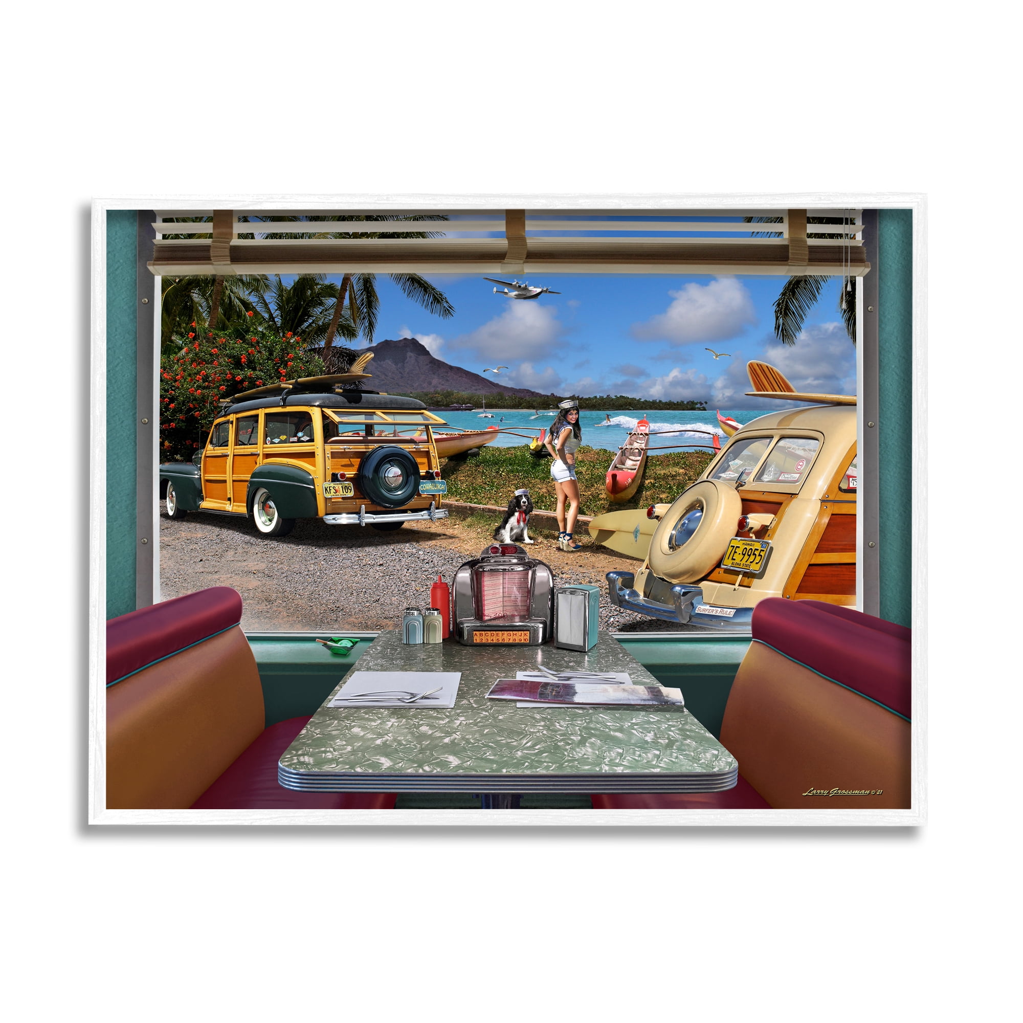 Stupell Industries Vintage Diner Beach View Transportation Painting White Framed Art Print Wall Art, 30 x 24