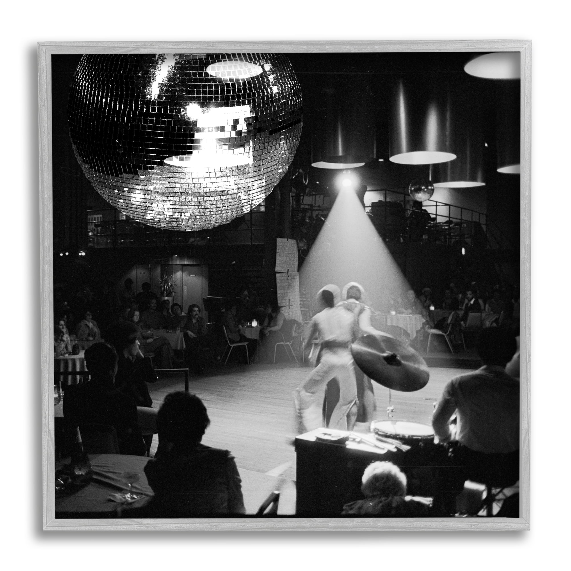 Stupell Industries Vintage Disco Ball People Dancing Instruments Stage Photography Gray Framed Art Print Wall Art, 17x17, by Mindy Sommers
