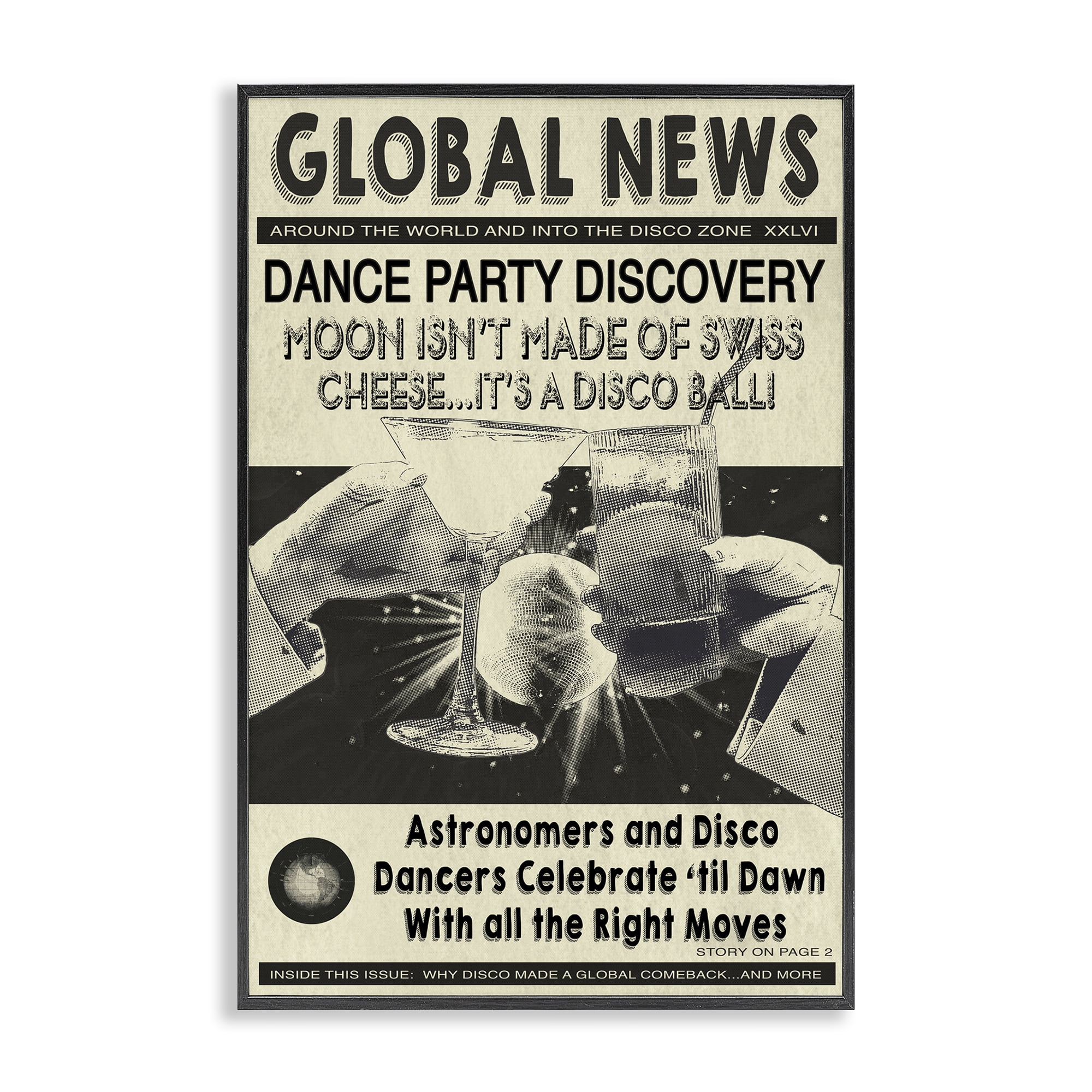 Stupell Industries Vintage Disco News Article Entertainment Painting Black Framed Art Print Wall Art, 20 x 30