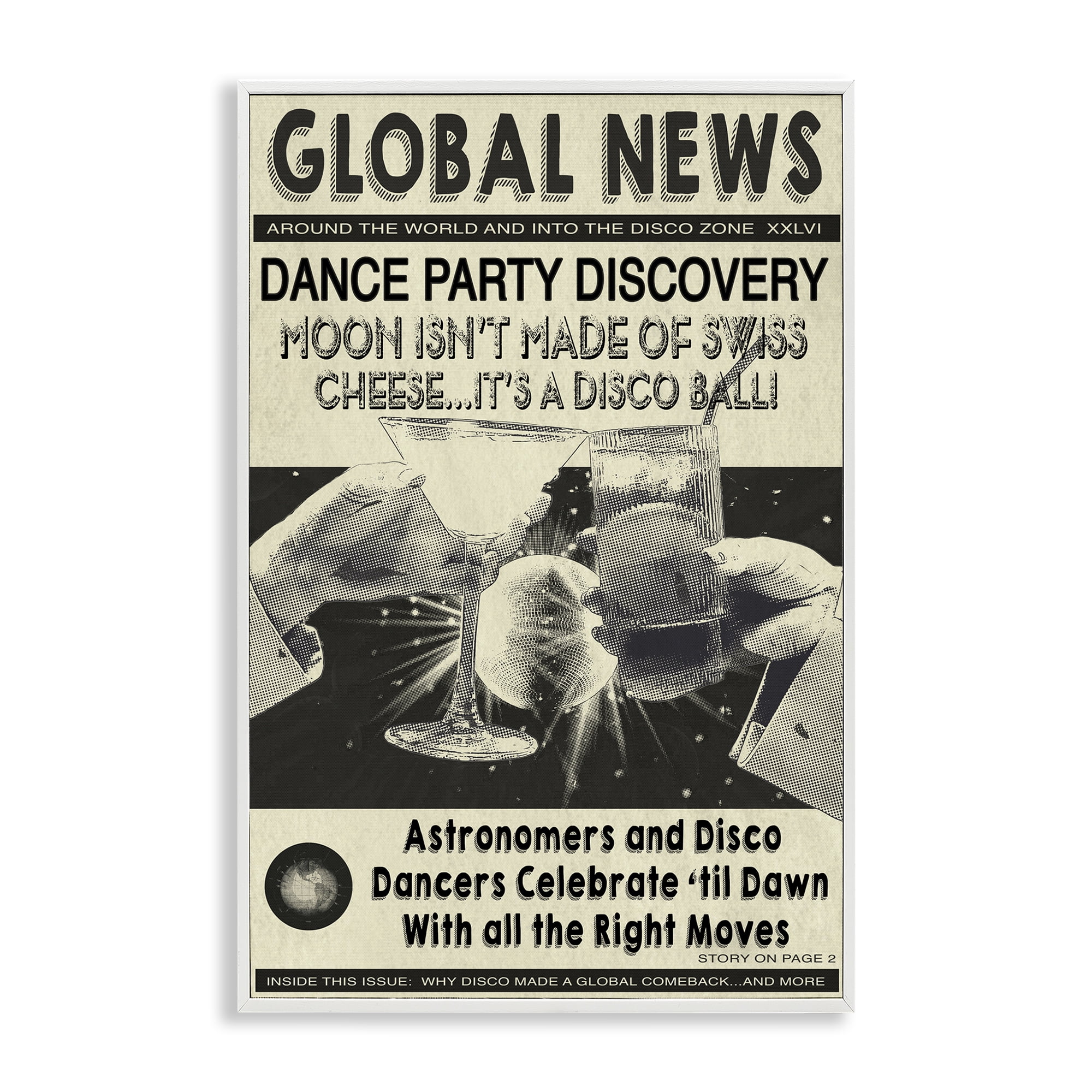 Stupell Industries Vintage Disco News Article Entertainment Painting White Framed Art Print Wall Art, 16 x 24