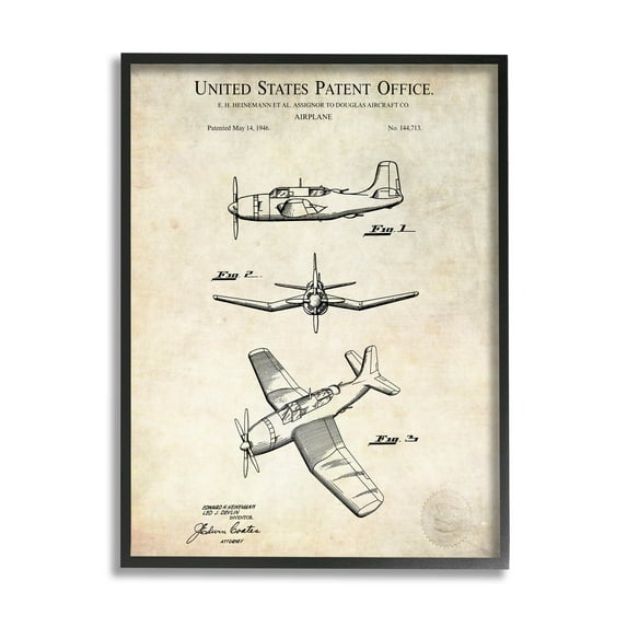 Stupell Industries Vintage Distressed Patent Airplane Graphic Art Black Framed Art Print Wall Art, Design by Karl Hronek