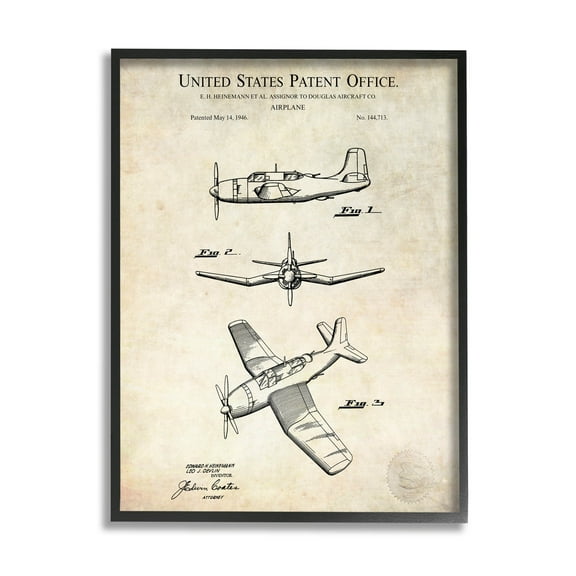 Stupell Industries Vintage Distressed Patent Airplane Graphic Art Black Framed Art Print Wall Art, Design by Karl Hronek