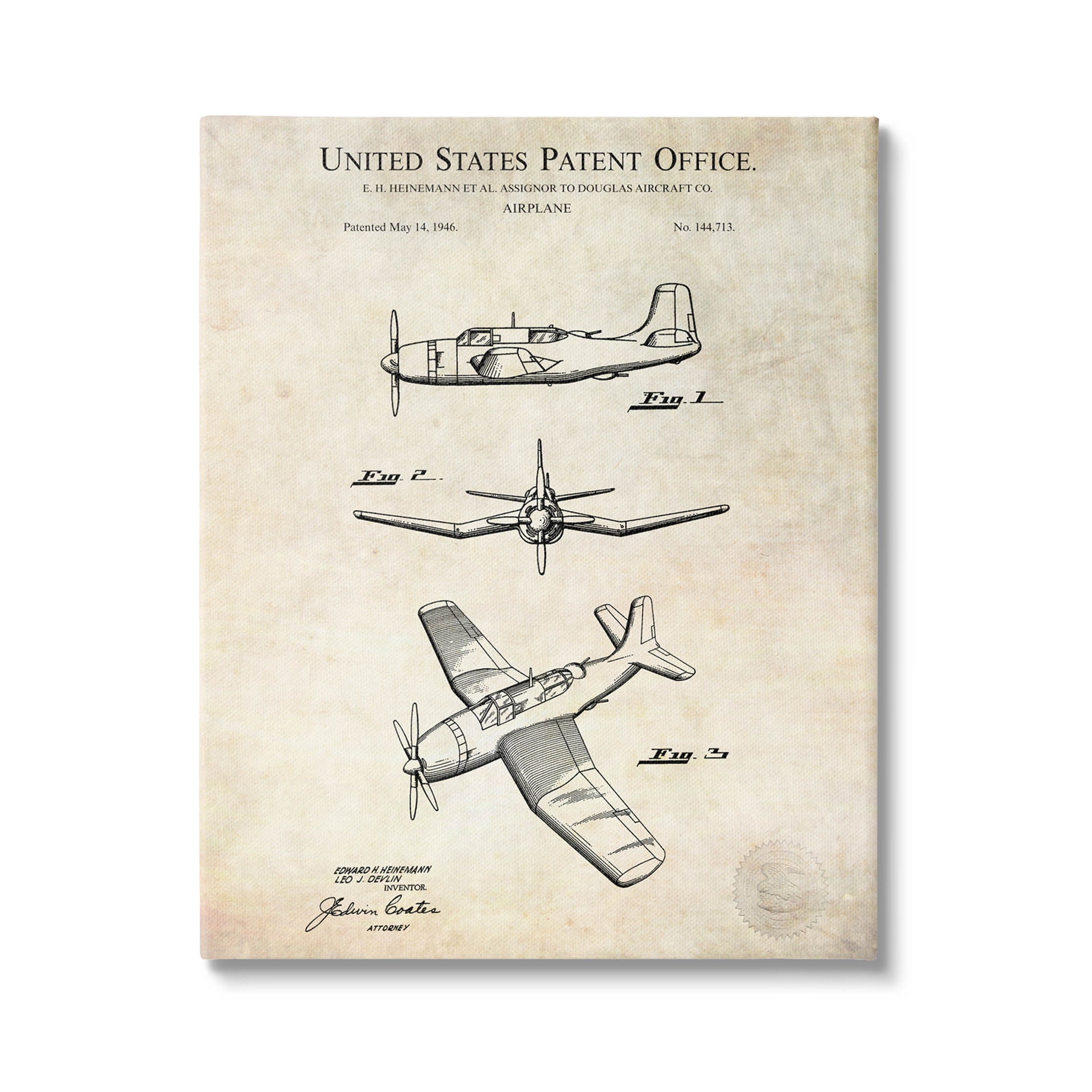 Stupell Industries Vintage Distressed Patent Airplane Graphic Art Gallery Wrapped Canvas Print Wall Art, Design by Karl Hronek