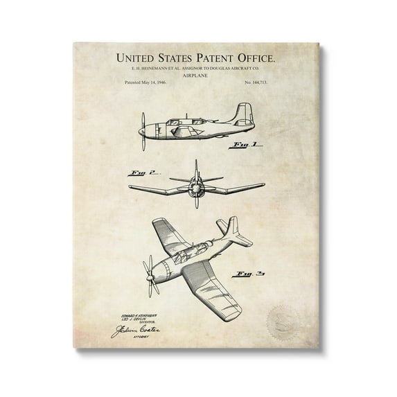 Stupell Industries Vintage Distressed Patent Airplane Graphic Art Gallery Wrapped Canvas Print Wall Art, Design by Karl Hronek