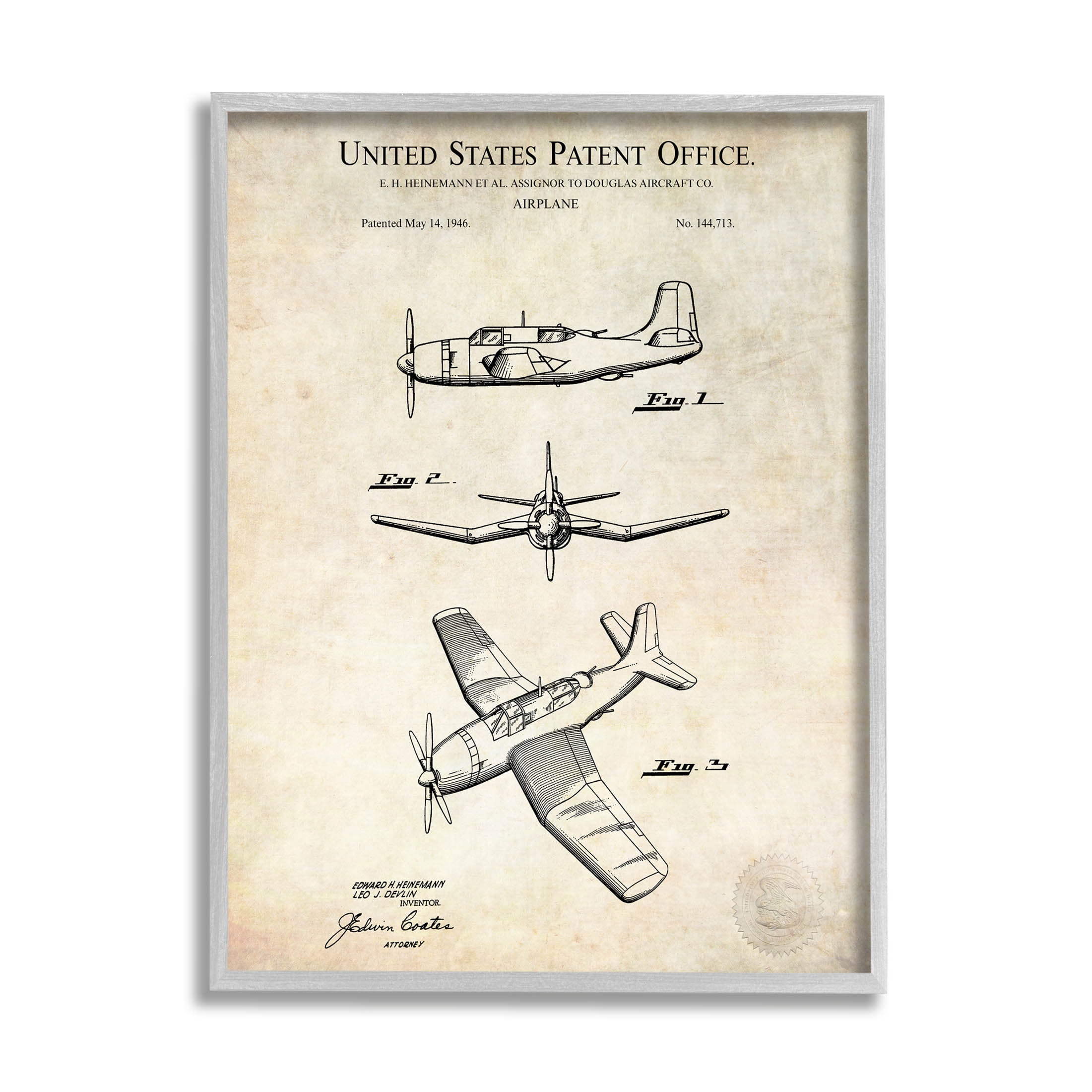 Stupell Industries Vintage Distressed Patent Airplane Graphic Art Gray Framed Art Print Wall Art, Design by Karl Hronek