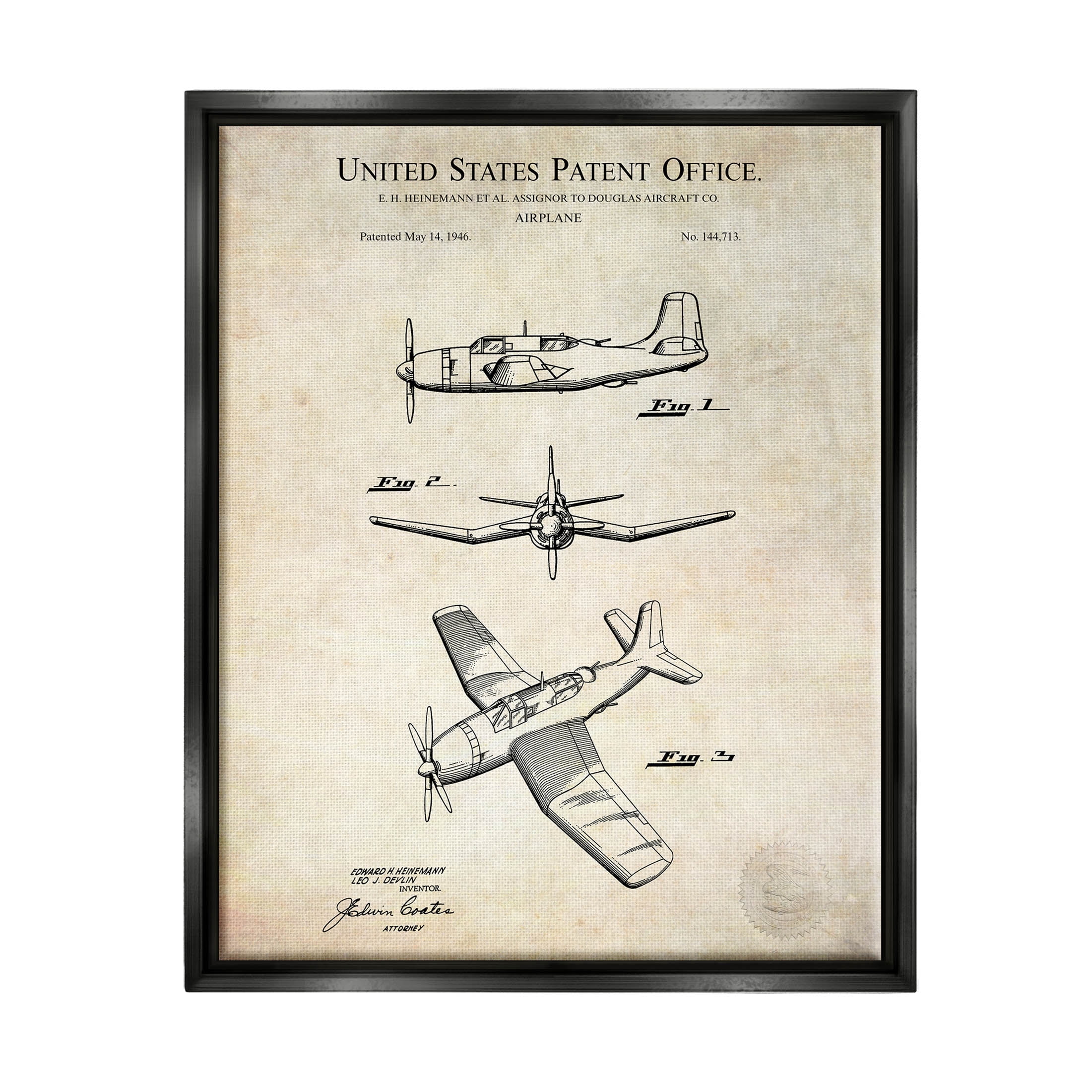 Stupell Industries Vintage Distressed Patent Airplane Graphic Art Jet Black Floating Framed Canvas Print Wall Art, Design by Karl Hronek