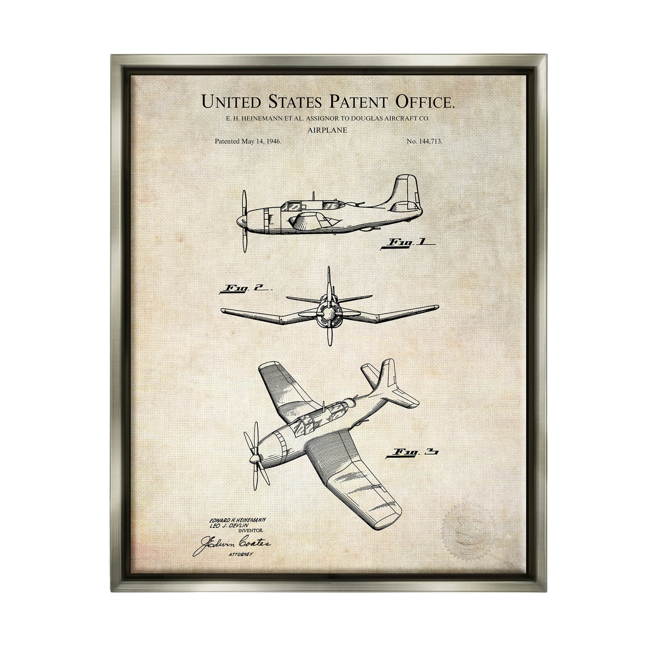 Stupell Industries Vintage Distressed Patent Airplane Graphic Art Luster Gray Floating Framed Canvas Print Wall Art, Design by Karl Hronek
