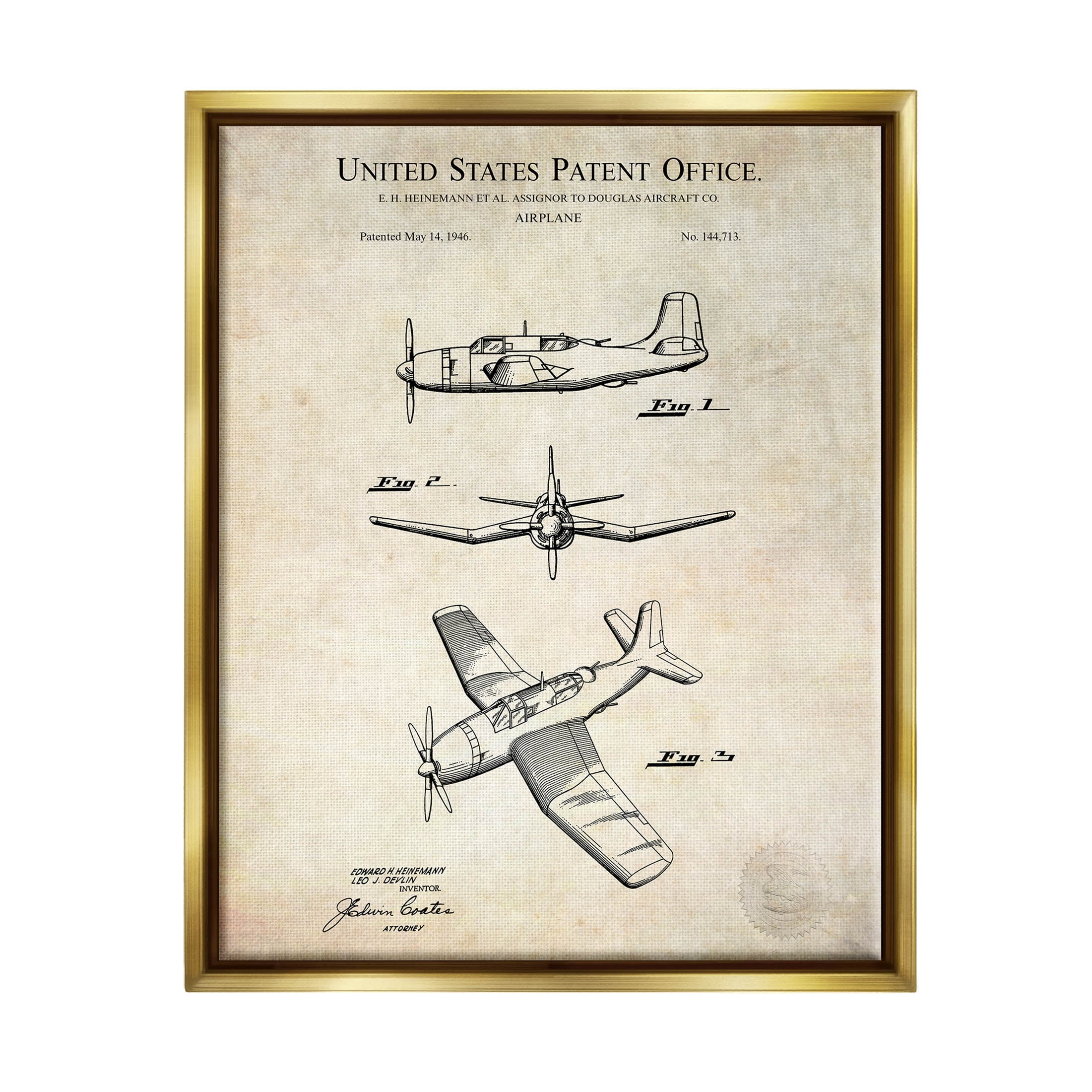 Stupell Industries Vintage Distressed Patent Airplane Graphic Art Metallic Gold Floating Framed Canvas Print Wall Art, Design by Karl Hronek