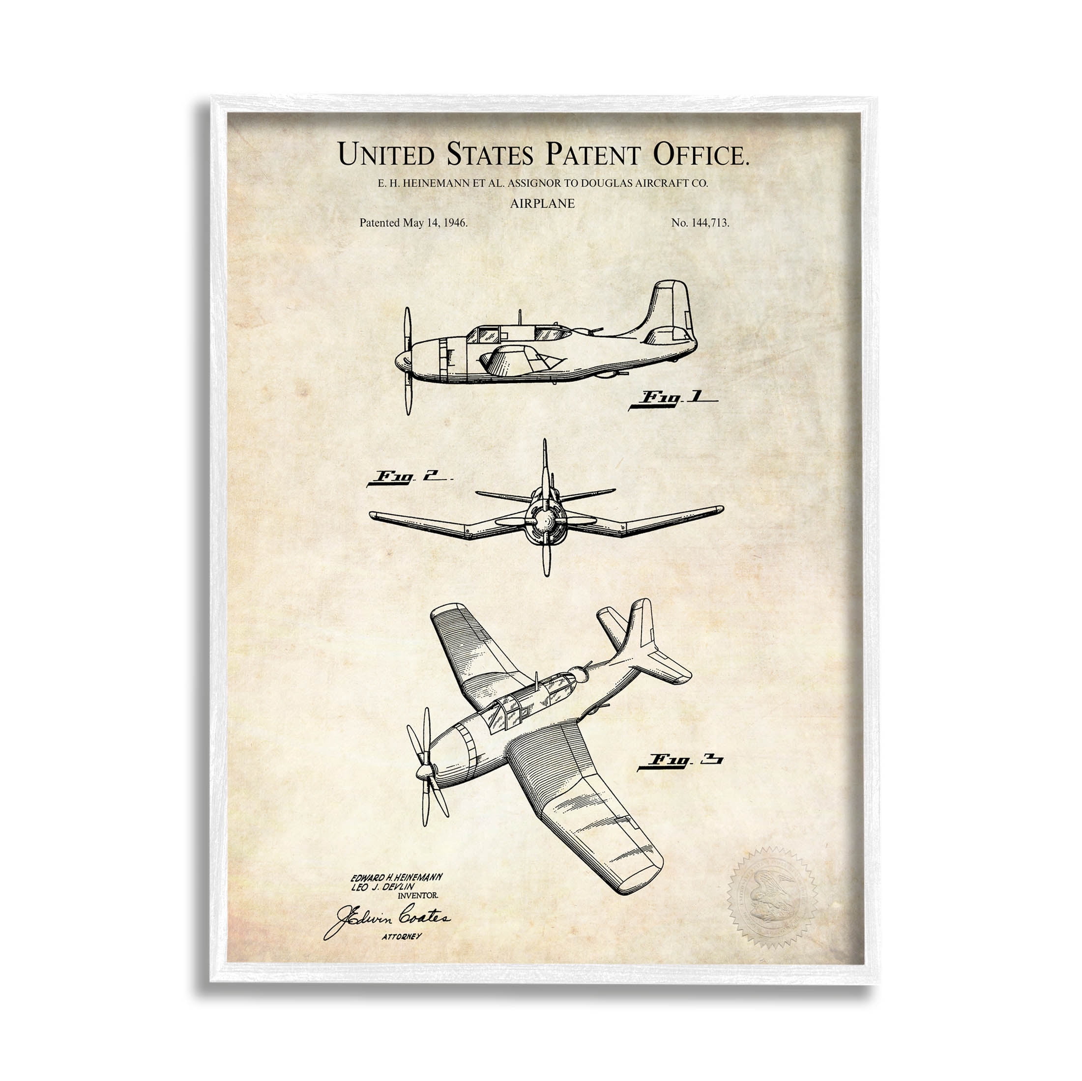 Stupell Industries Vintage Distressed Patent Airplane Graphic Art White Framed Art Print Wall Art, Design by Karl Hronek