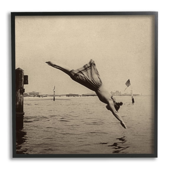 Stupell Industries Vintage Diving Girl Landscape Photography Black Framed Art Print Wall Art, 17 x 17