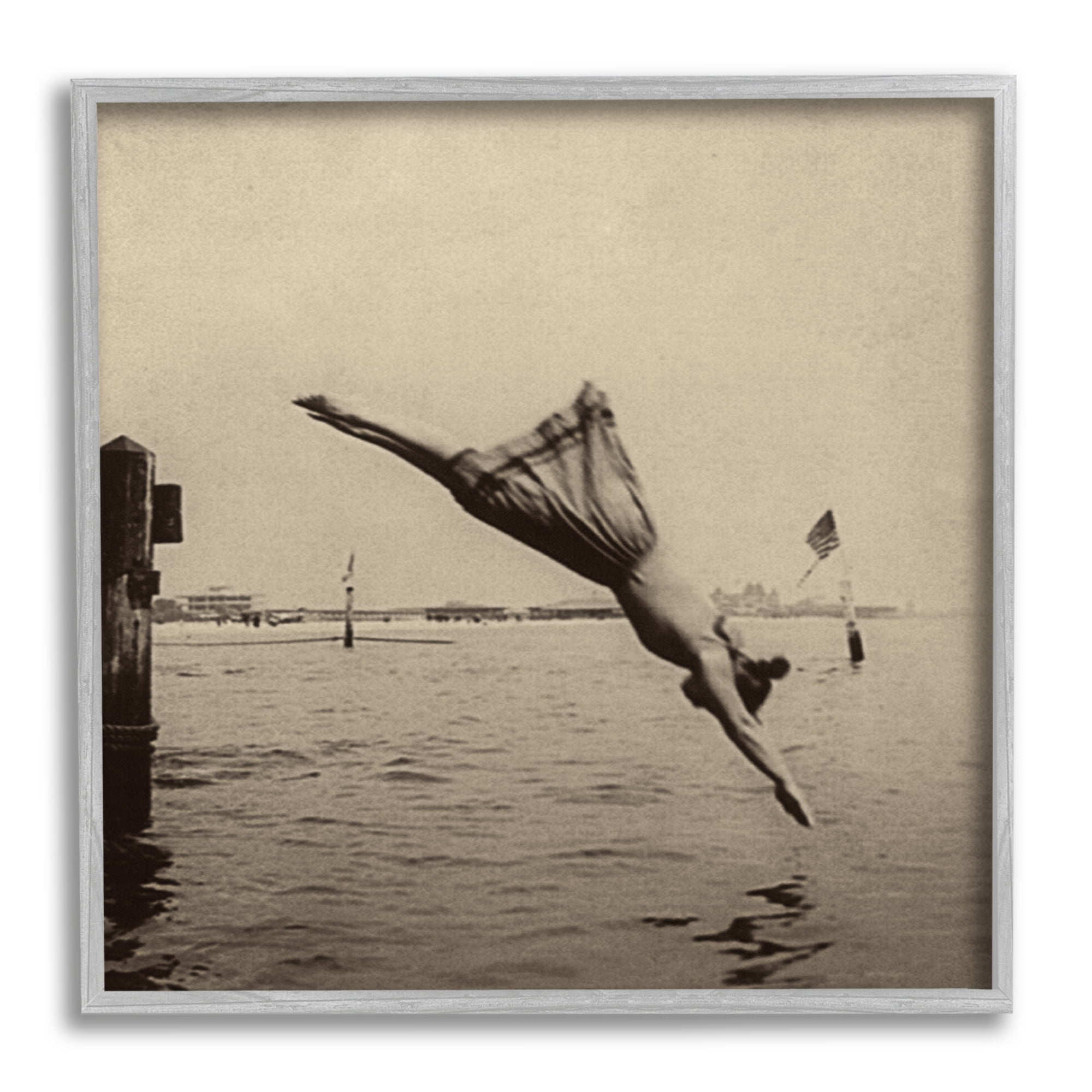 Stupell Industries Vintage Diving Girl Landscape Photography Gray Framed Art Print Wall Art, 17 x 17