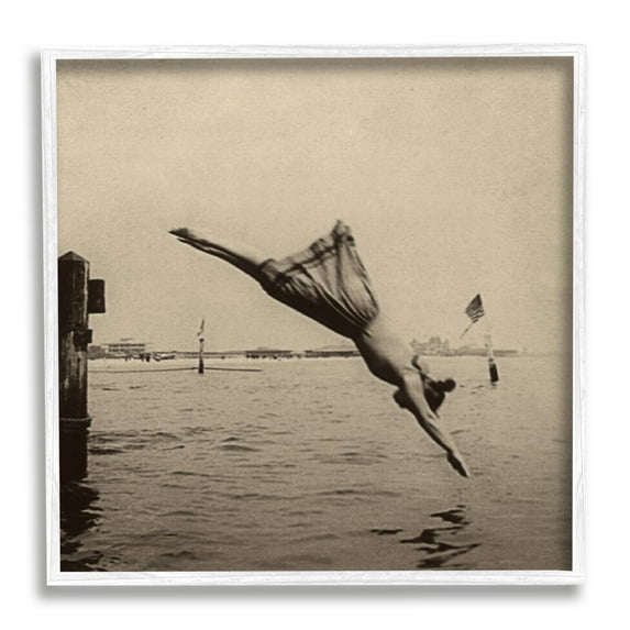 Stupell Industries Vintage Diving Girl Landscape Photography White Framed Art Print Wall Art, 12 x 12