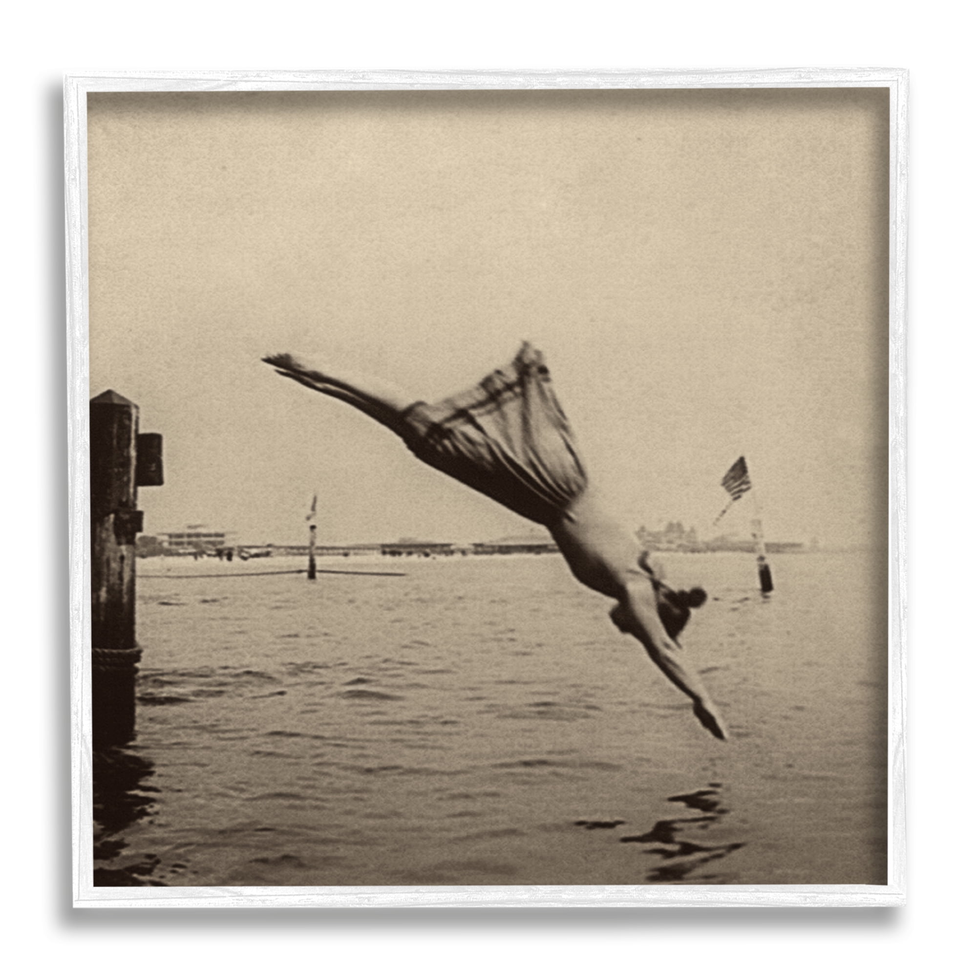 Stupell Industries Vintage Diving Girl Landscape Photography White Framed Art Print Wall Art, 24 x 24
