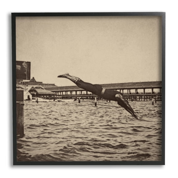 Stupell Industries Vintage Diving Man Landscape Photography Black Framed Art Print Wall Art, 17 x 17