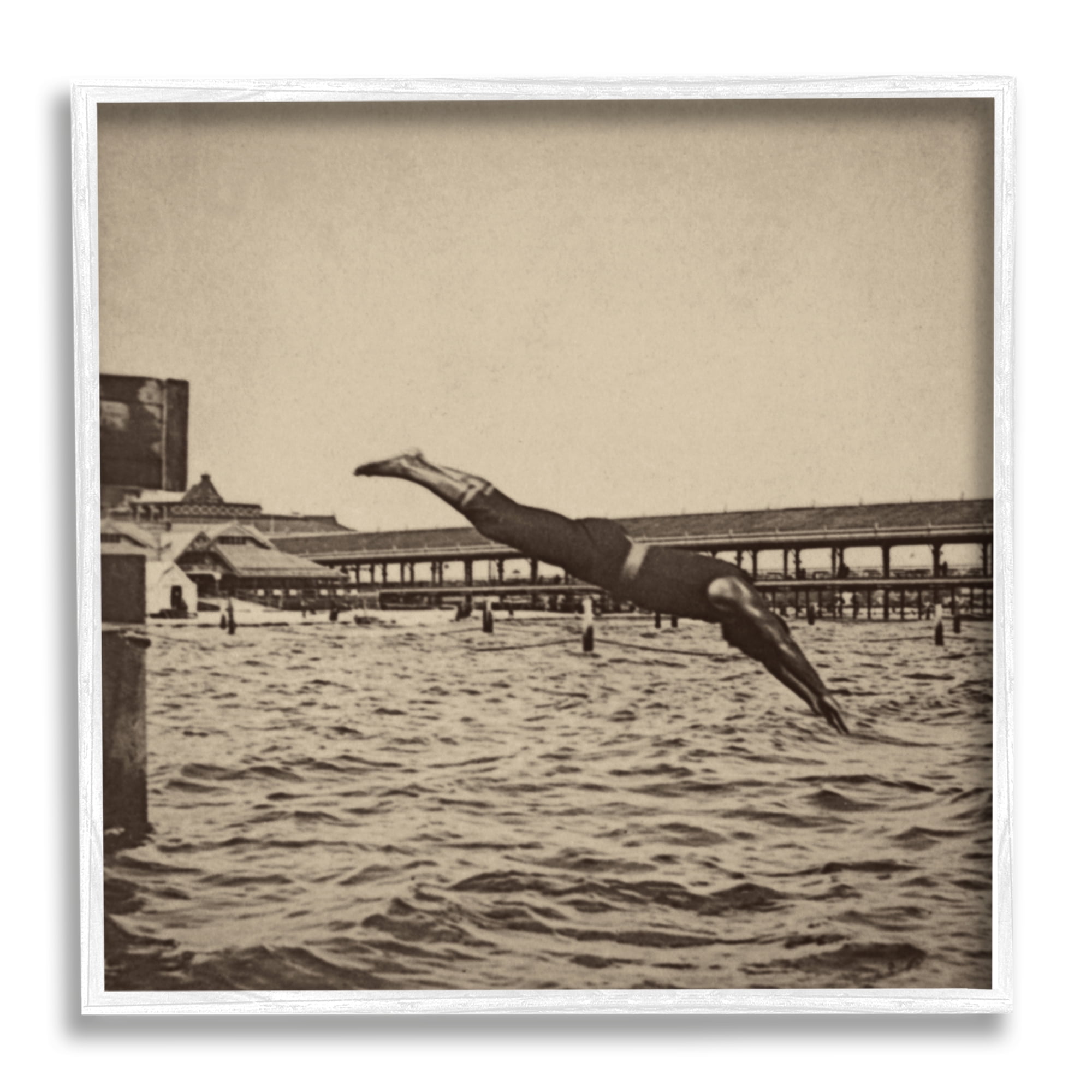 Vintage Diving Man Black and White Canvas Print with White Frame