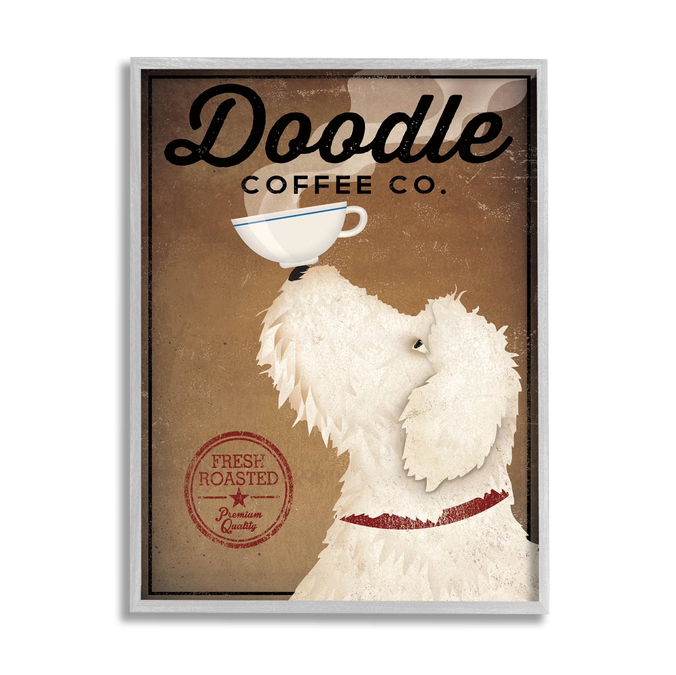 Stupell Industries Vintage Doodle Coffee Dog Sign Graphic Art Gray Framed Art Print Wall Art, Design by Ryan Fowler