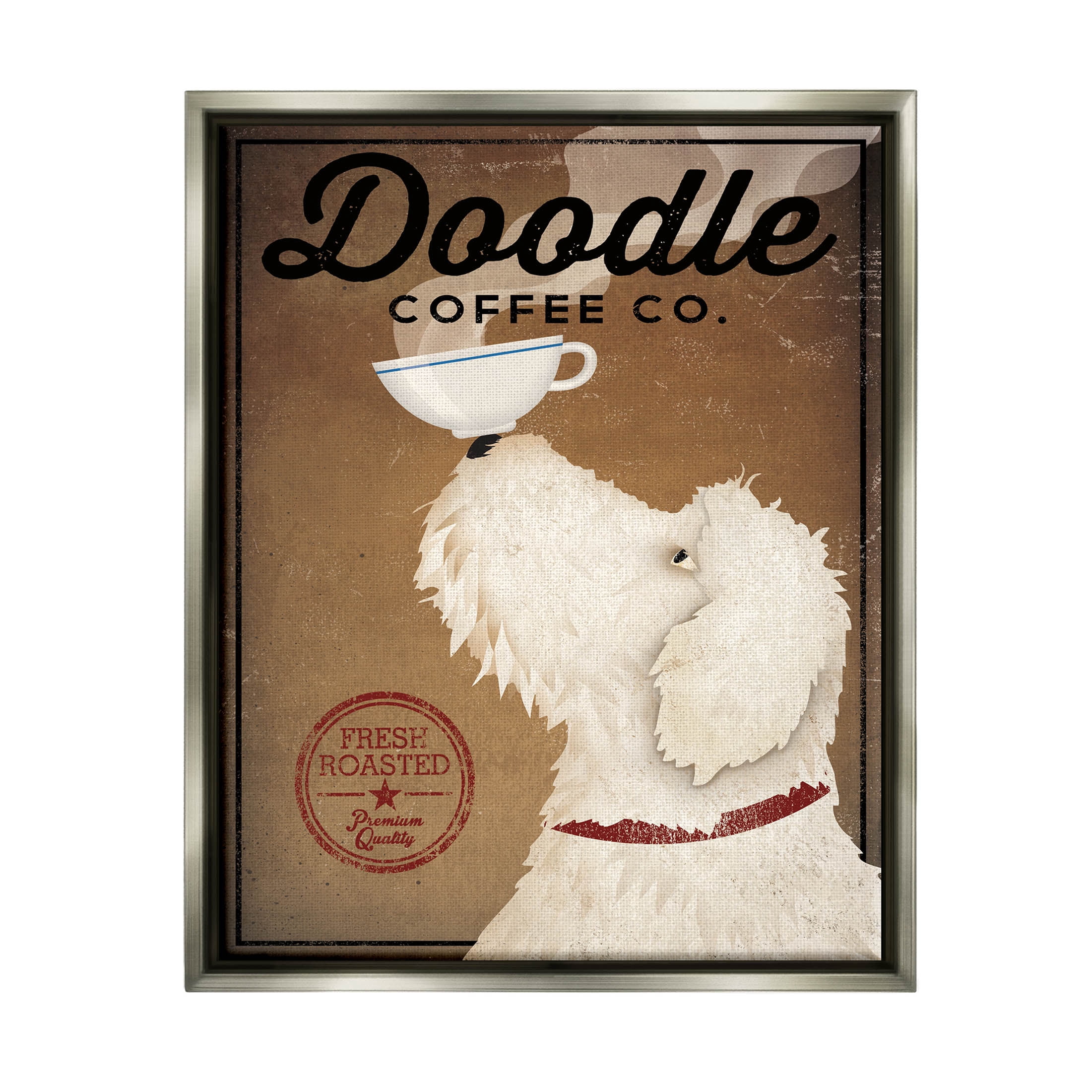 Stupell Industries Vintage Doodle Coffee Dog Sign Graphic Art Luster Gray Floating Framed Canvas Print Wall Art, Design by Ryan Fowler
