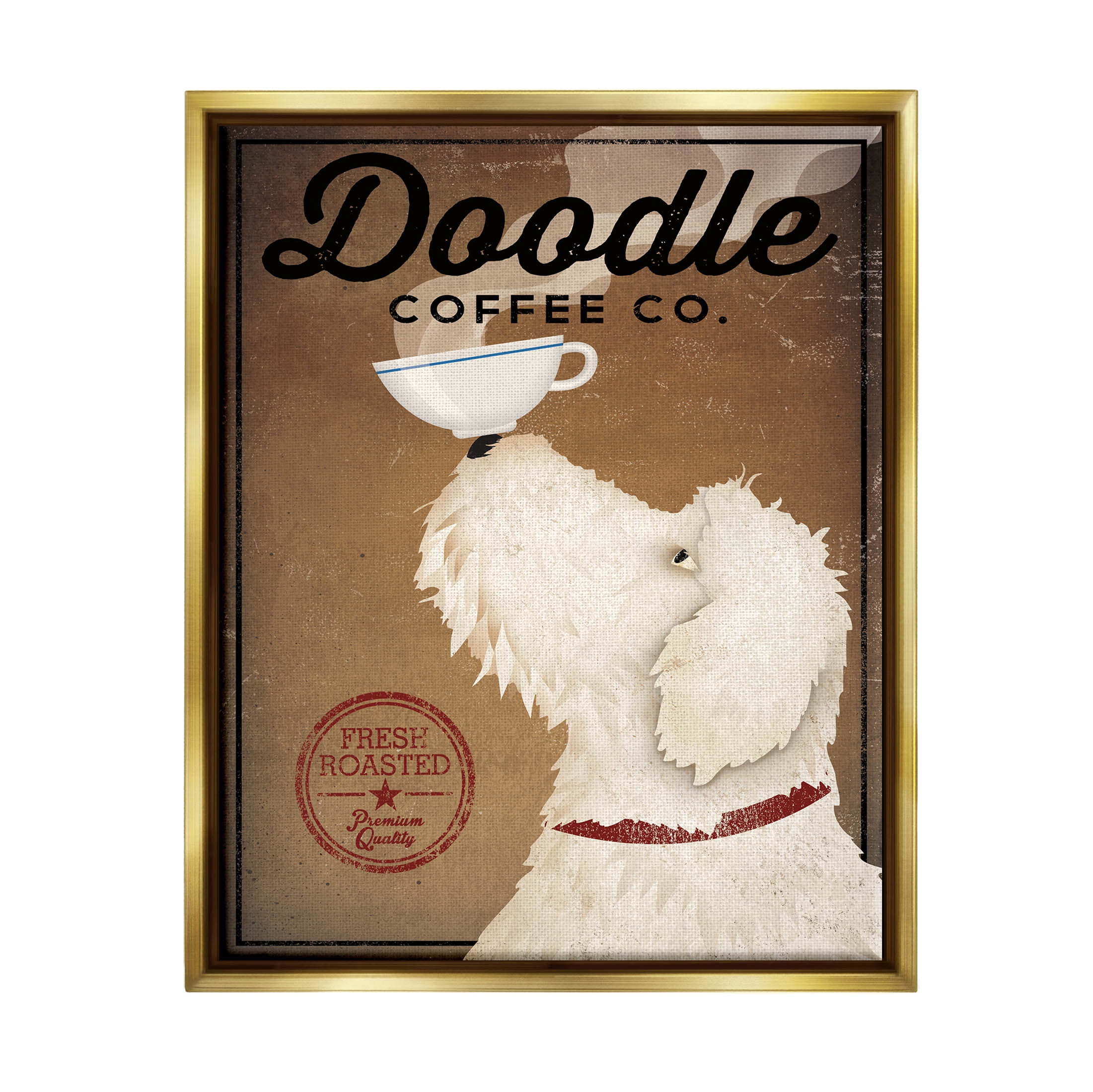 Stupell Industries Vintage Doodle Coffee Dog Sign Graphic Art Metallic Gold Floating Framed Canvas Print Wall Art, Design by Ryan Fowler