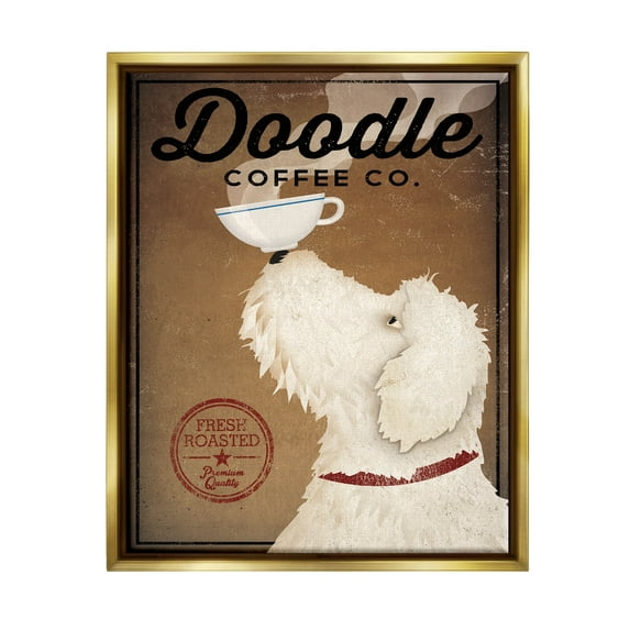 Stupell Industries Vintage Doodle Coffee Dog Sign Graphic Art Metallic Gold Floating Framed Canvas Print Wall Art, Design by Ryan Fowler