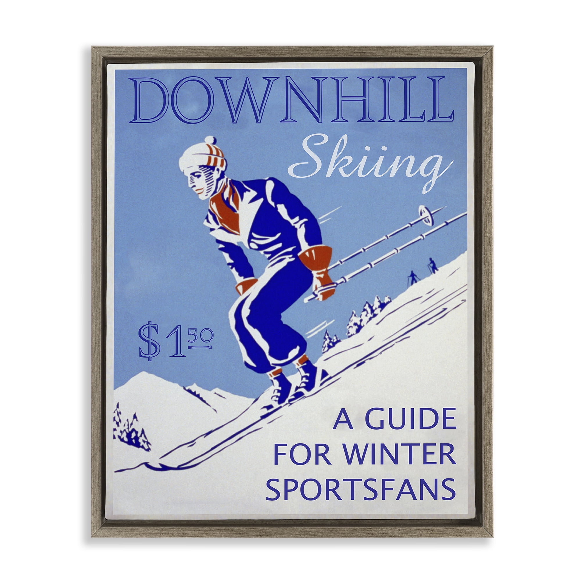 Stupell Industries Vintage Downhill Skiing Sports Painting Brown Floater Framed Canvas Art Prints Wall Art, 25 x 31