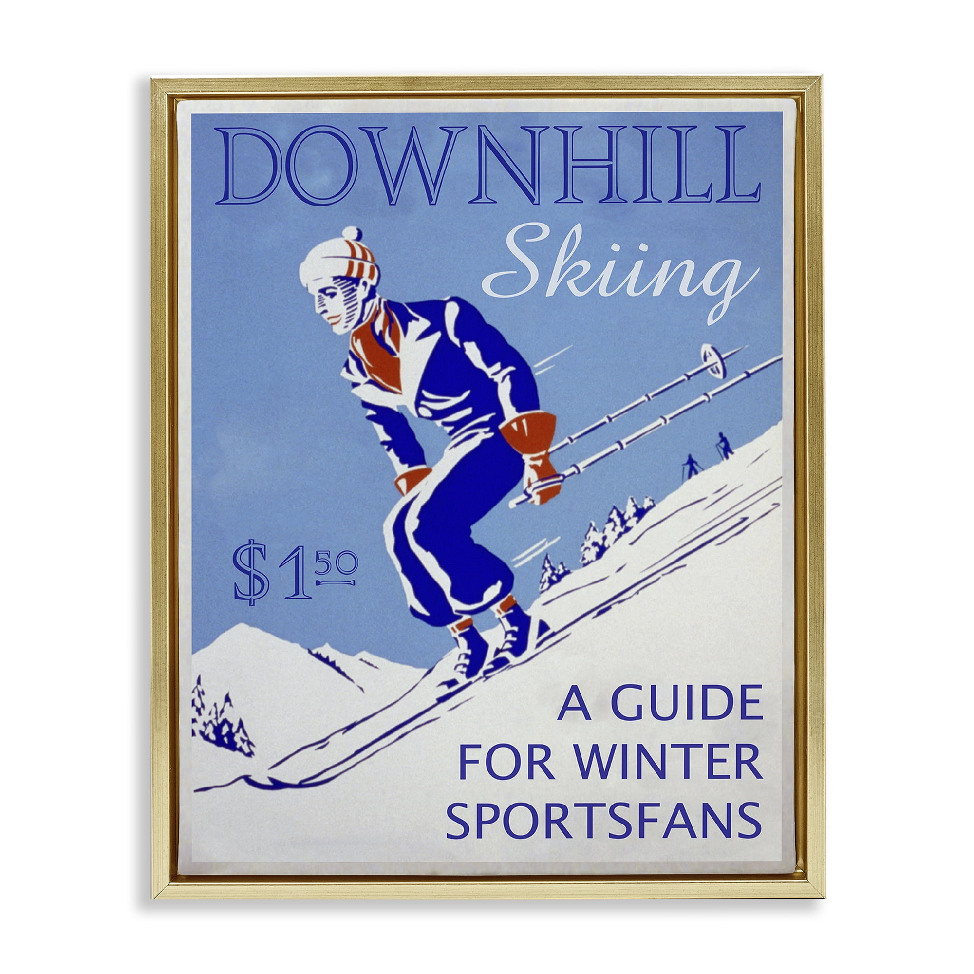 Stupell Industries Vintage Downhill Skiing Sports Painting Gold Floater Framed Canvas Art Prints Wall Art, 17 x 21