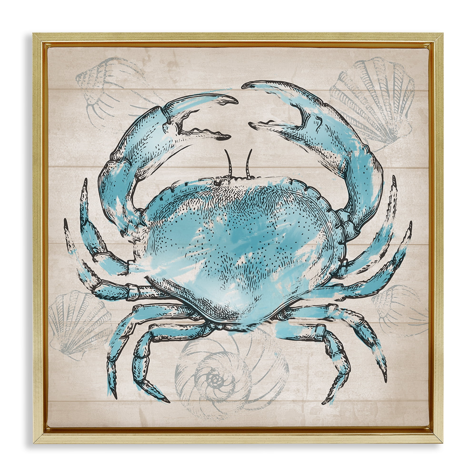 Stupell Industries Vintage Drawn Crab Animals Painting Gold Floater Framed Canvas Art Print Wall Art, 25 x 25