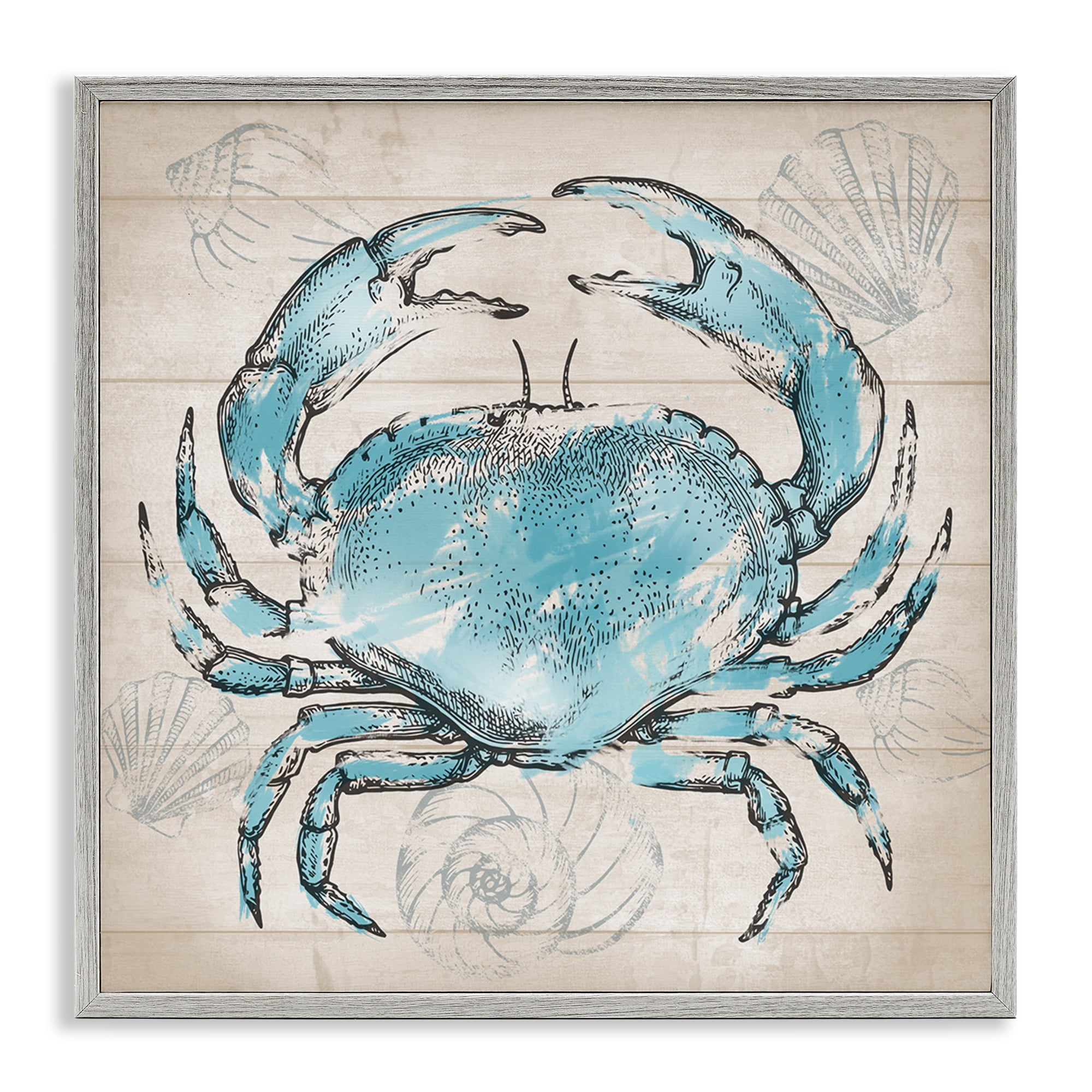 Stupell Industries Vintage Drawn Crab Animals Painting Gray Framed Art Print Wall Art, 24 x 24