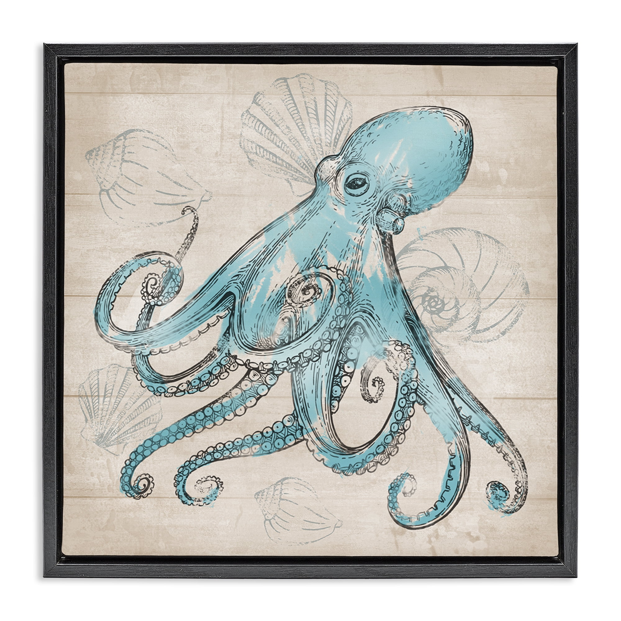 Stupell Industries Vintage Drawn Octopus Animals Painting Black Floater Framed Canvas Art Print Wall Art, 25 x 25