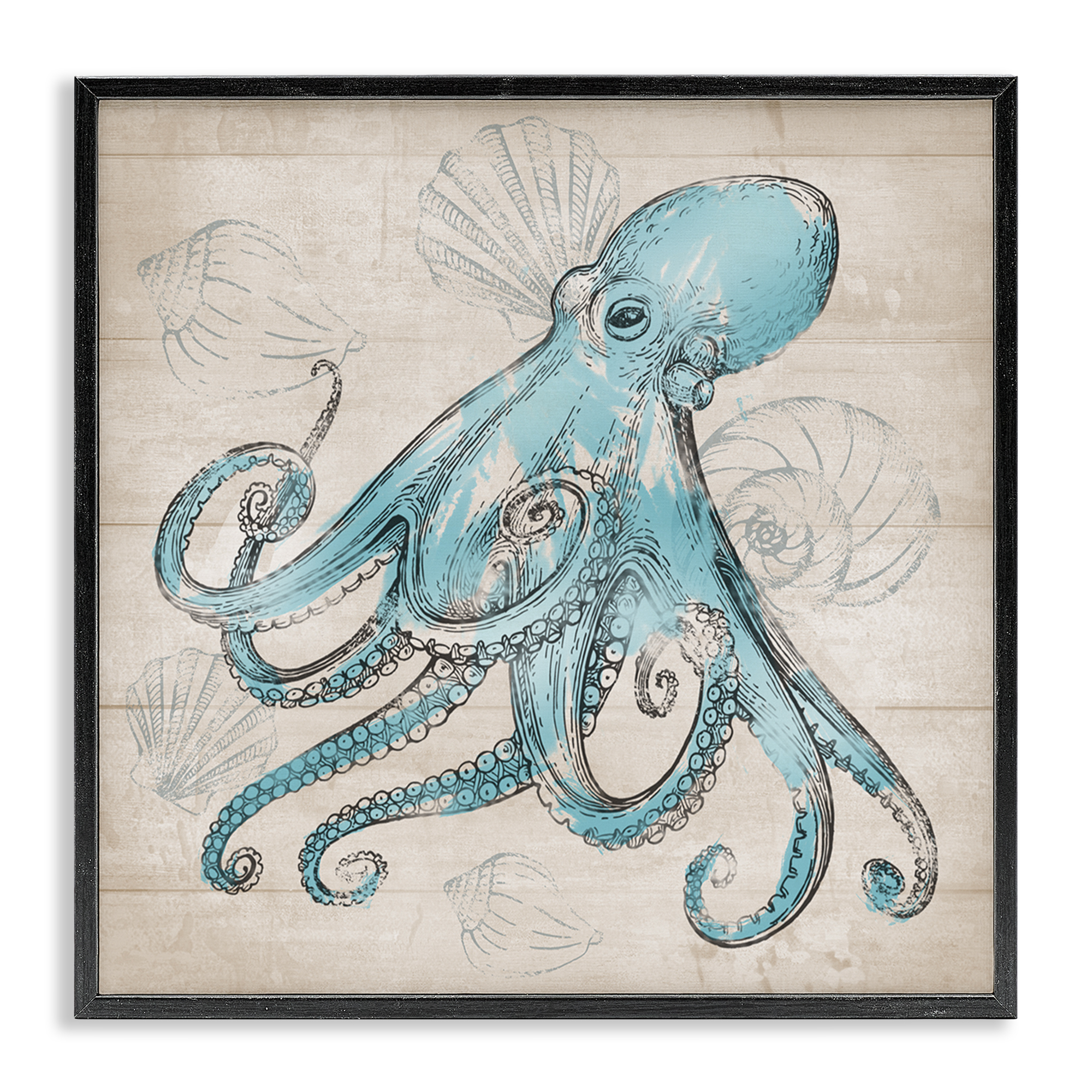 Stupell Industries Vintage Drawn Octopus Animals Painting Black Framed Art Print Wall Art, 12 x 12