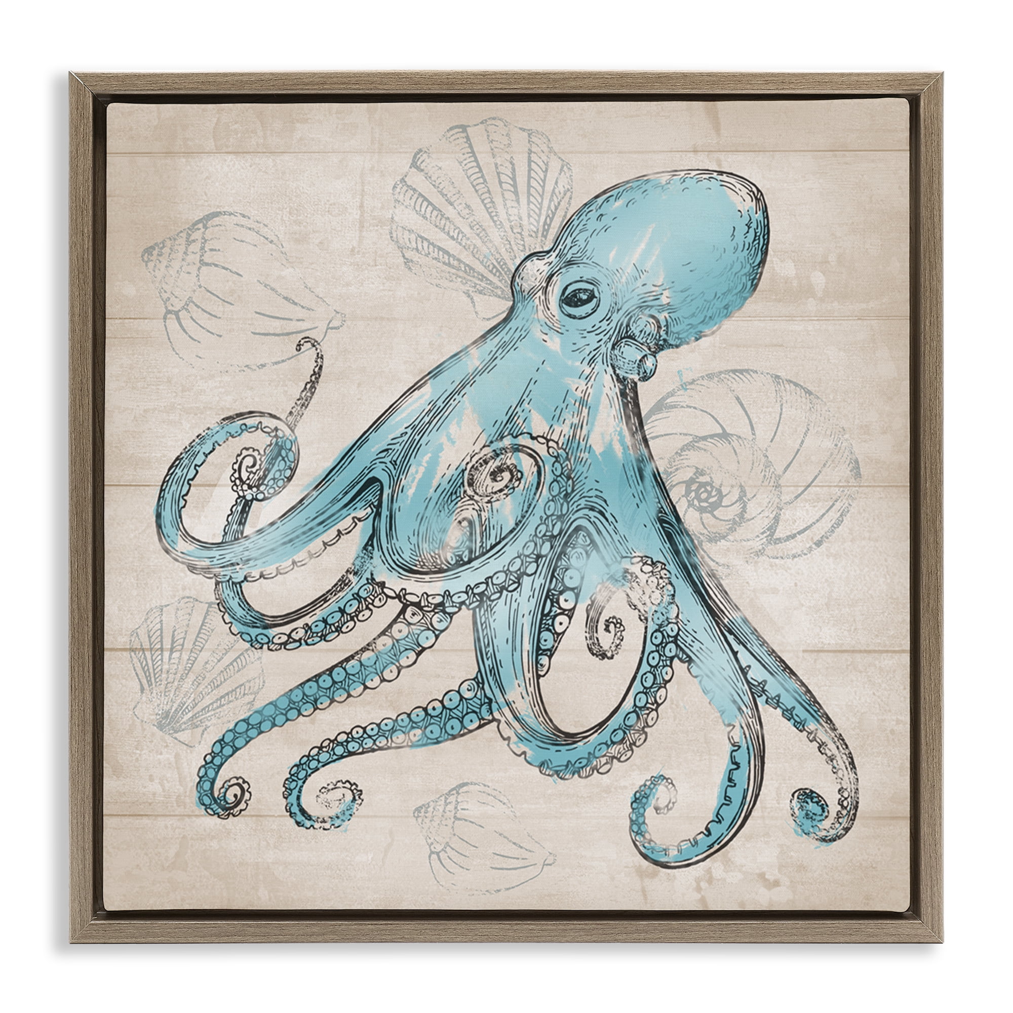 Stupell Industries Vintage Drawn Octopus Animals Painting Brown Floater Framed Canvas Art Print Wall Art, 18 x 18