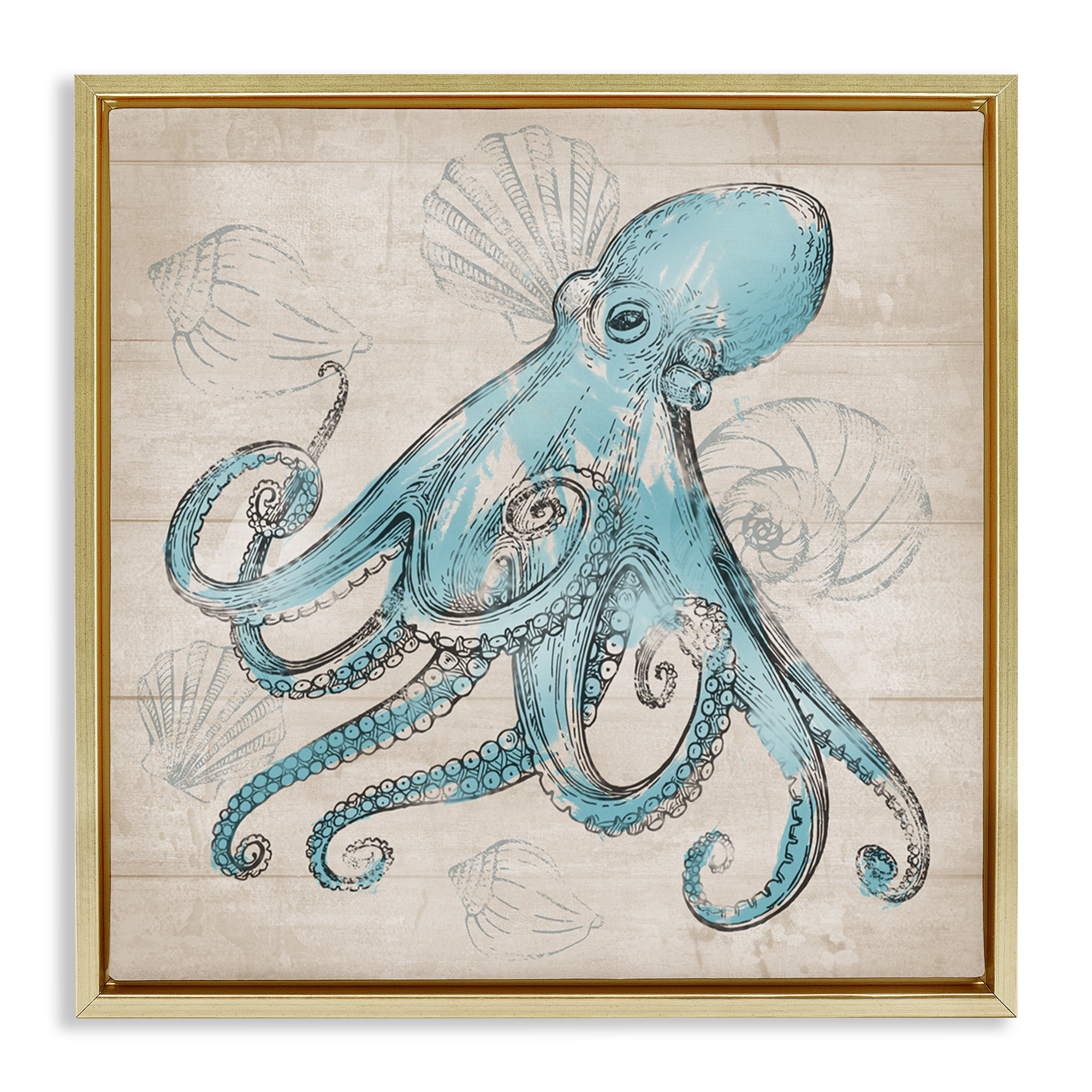 Stupell Industries Vintage Drawn Octopus Animals Painting Gold Floater Framed Canvas Art Print Wall Art, 25 x 25