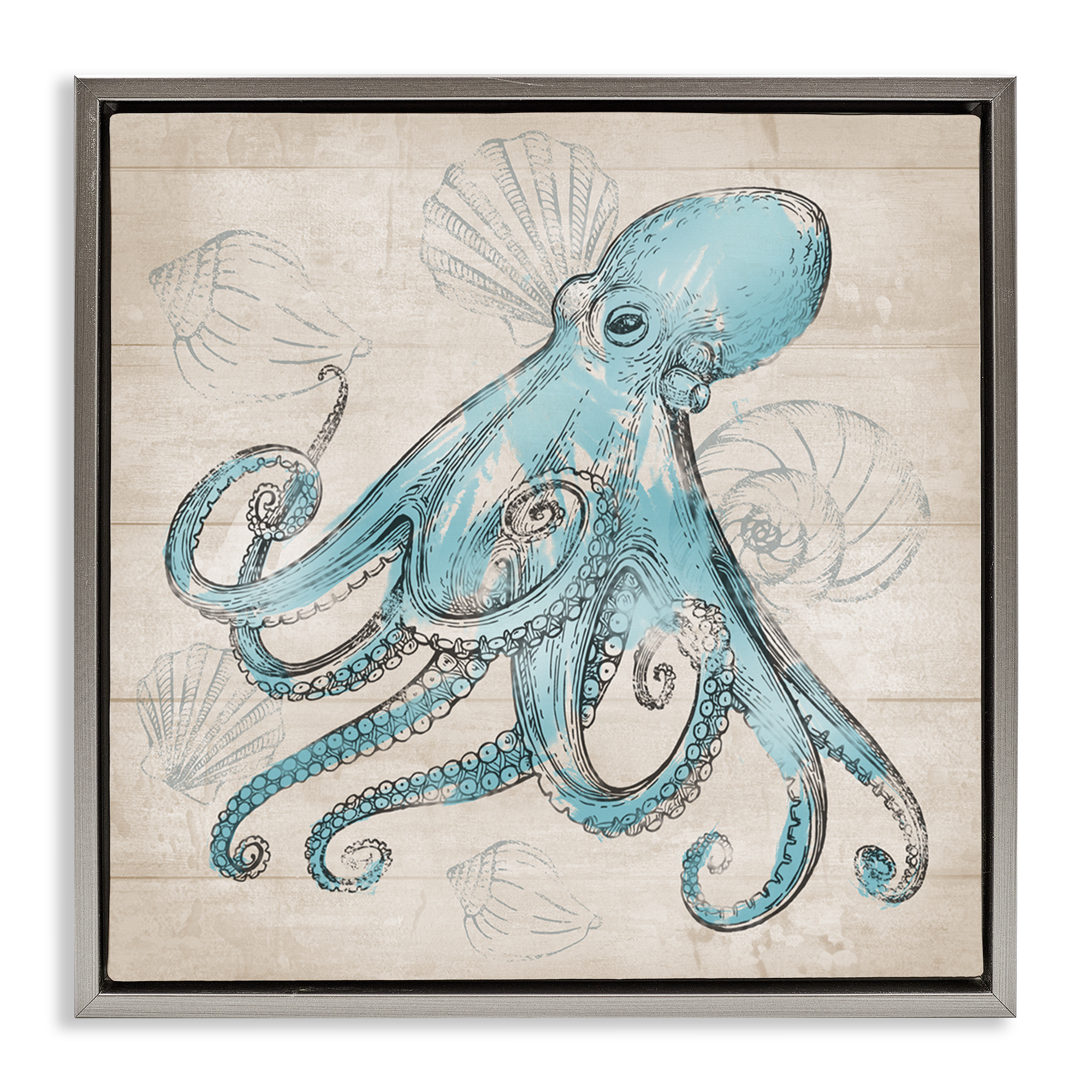 Stupell Industries Vintage Drawn Octopus Animals Painting Gray Floater Framed Canvas Art Print Wall Art, 18 x 18