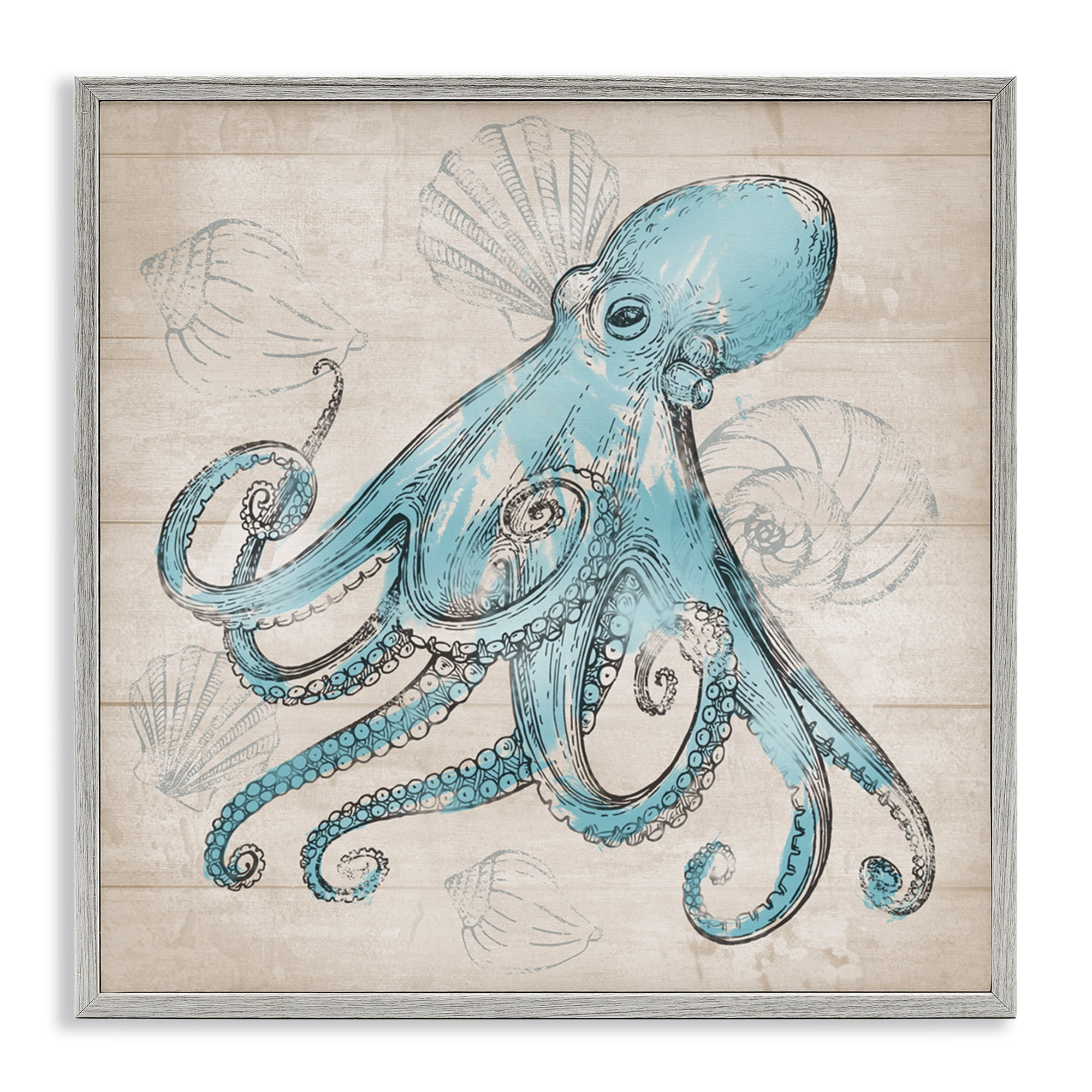 Stupell Industries Vintage Drawn Octopus Animals Painting Gray Framed Art Print Wall Art, 24 x 24
