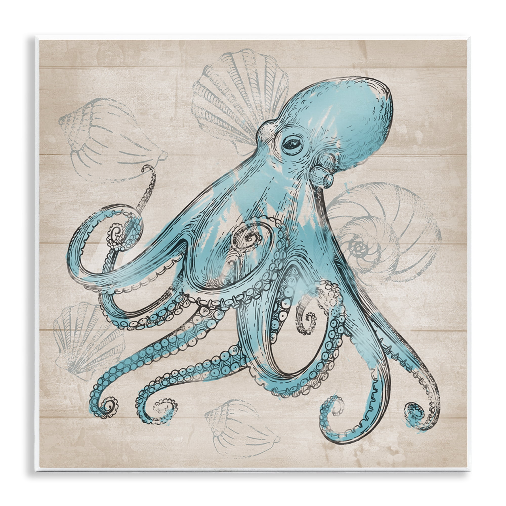 Stupell Industries Vintage Drawn Octopus Animals Painting Unframed Art Print Wall Art, 12 x 12