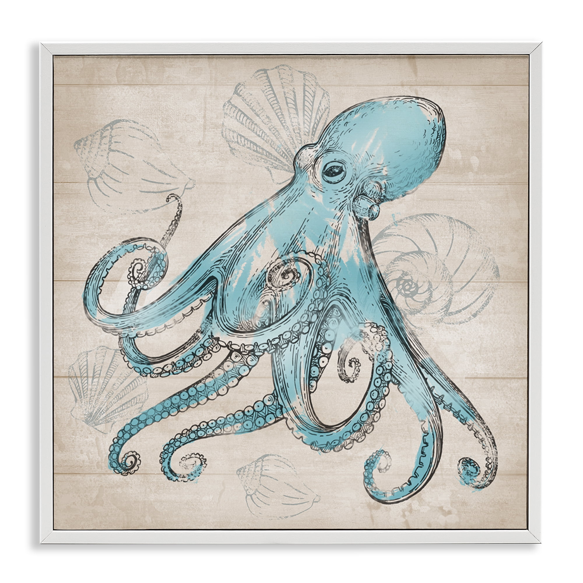 Stupell Industries Vintage Drawn Octopus Animals Painting White Framed Art Print Wall Art, 12 x 12