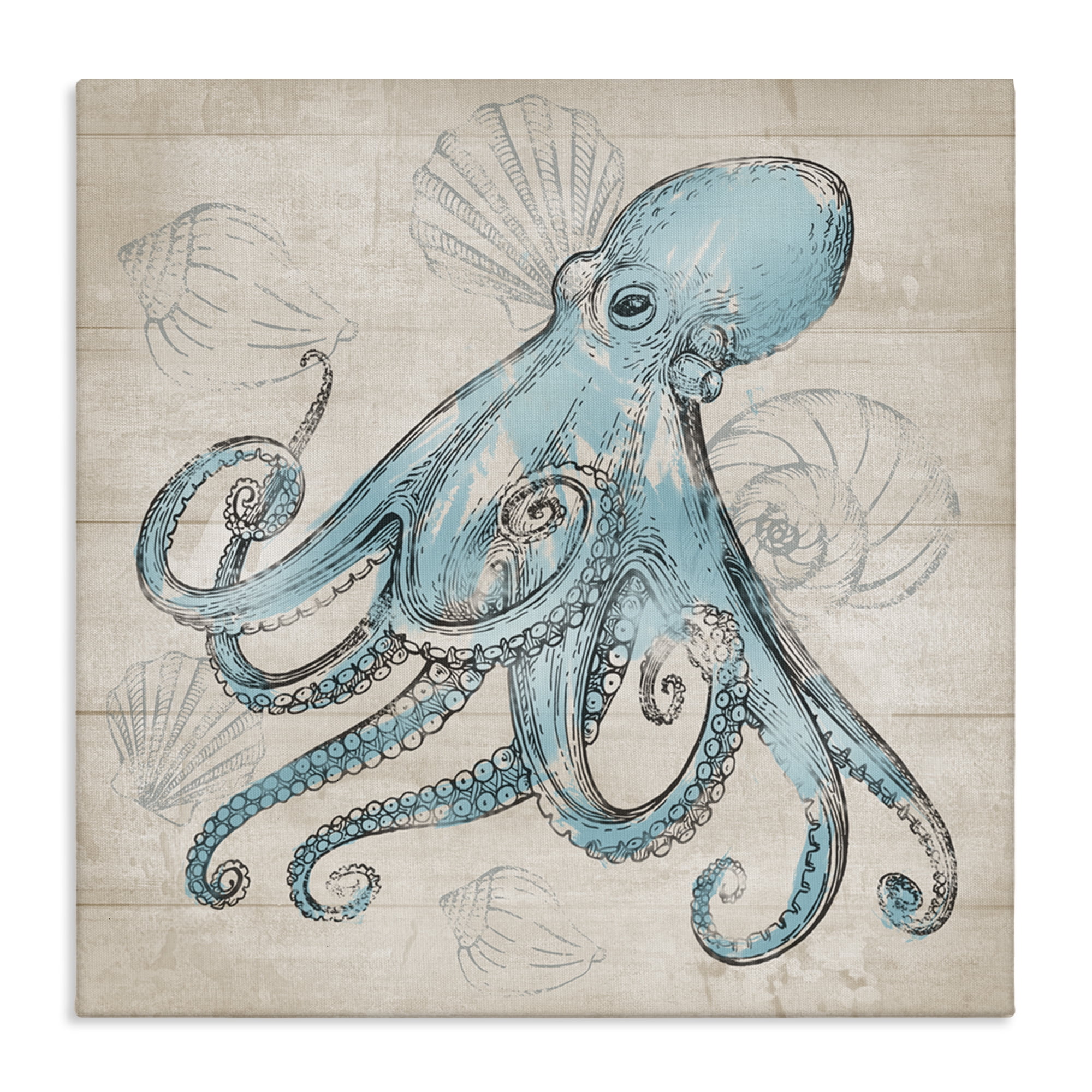Stupell Industries Vintage Drawn Octopus Animals Painting Wrapped Canvas Art Print Wall Art, 24 x 24