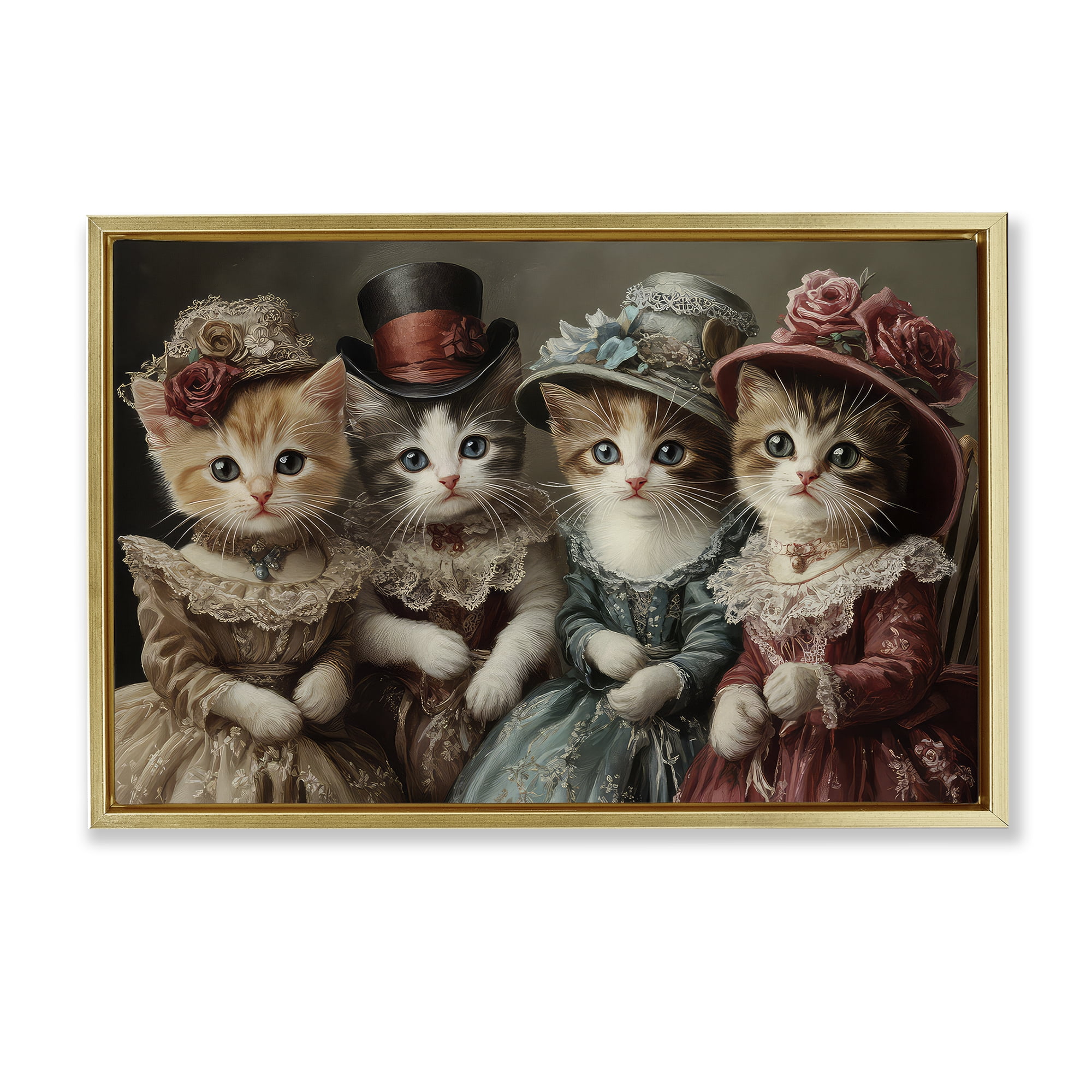 Stupell Industries Vintage Dress Kittens Gold Framed Floater Canvas Wall Art, design by The Wands Want