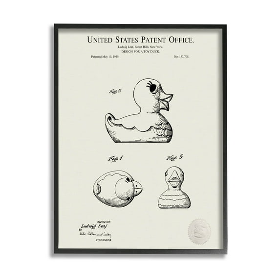 Stupell Industries Vintage Duck Toy Patent Graphic Art Black Framed Art Print Wall Art, Design by Karl Hronek