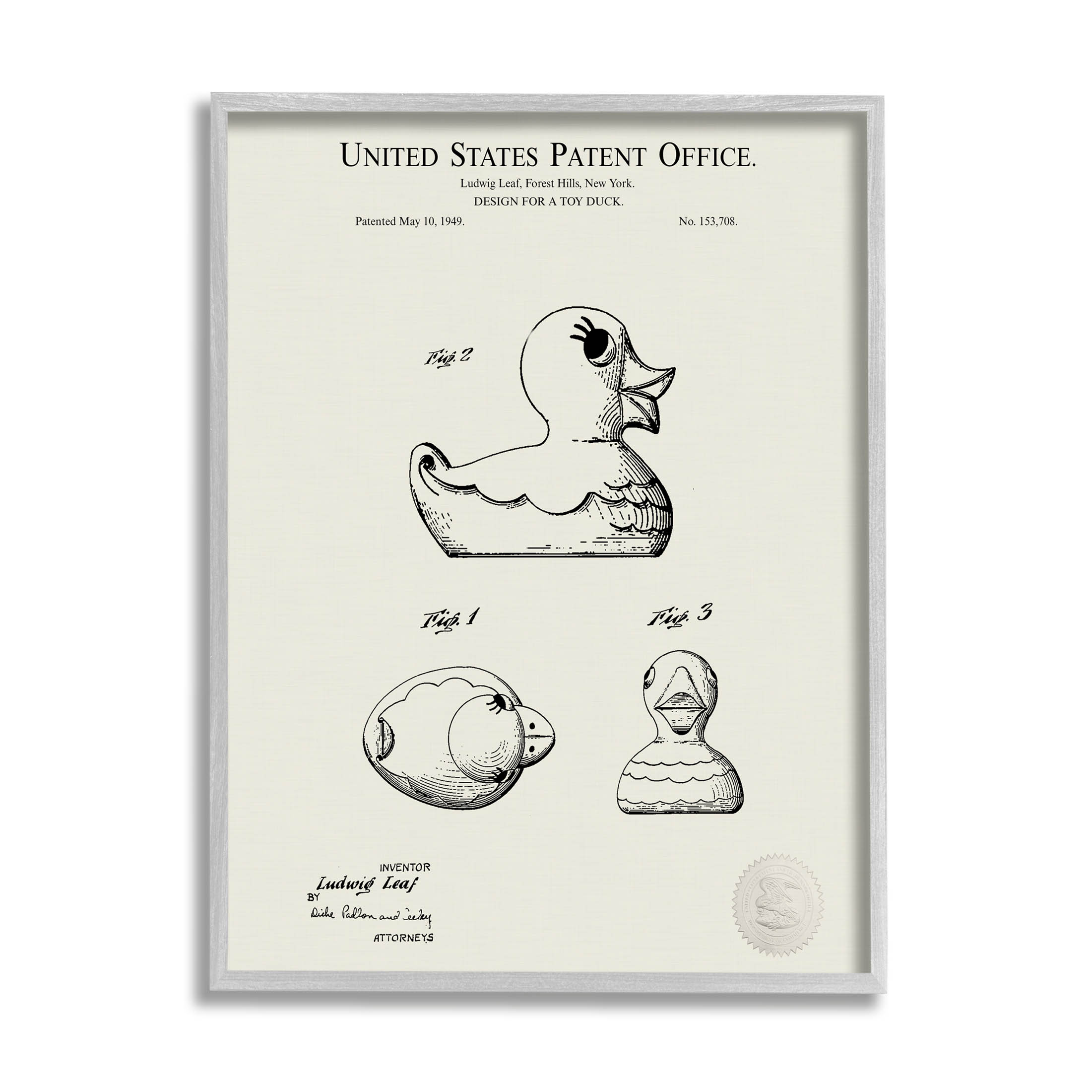 Stupell Industries Vintage Duck Toy Patent Graphic Art Gray Framed Art Print Wall Art, Design by Karl Hronek
