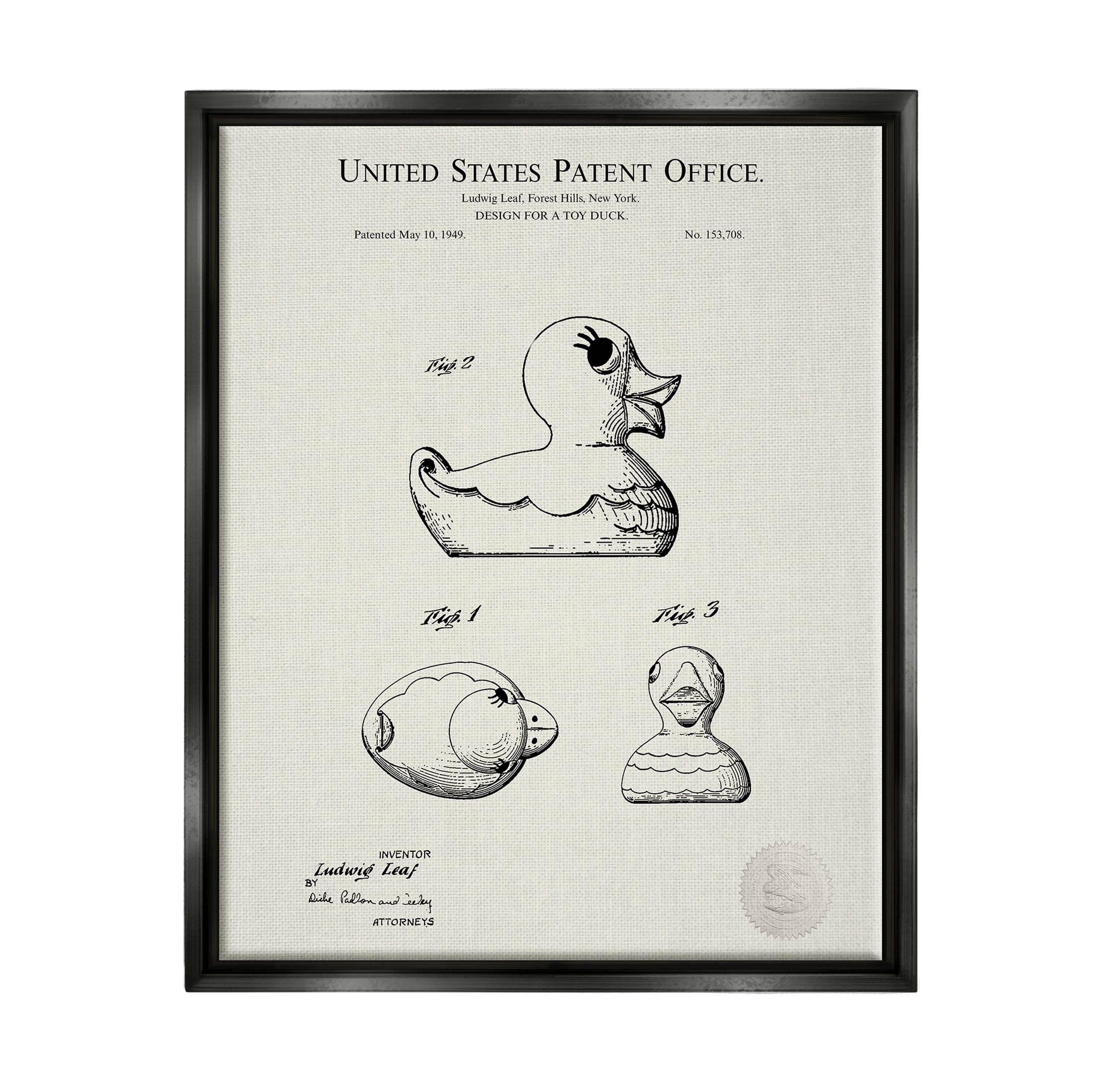 Stupell Industries Vintage Duck Toy Patent Graphic Art Jet Black Floating Framed Canvas Print Wall Art, Design by Karl Hronek