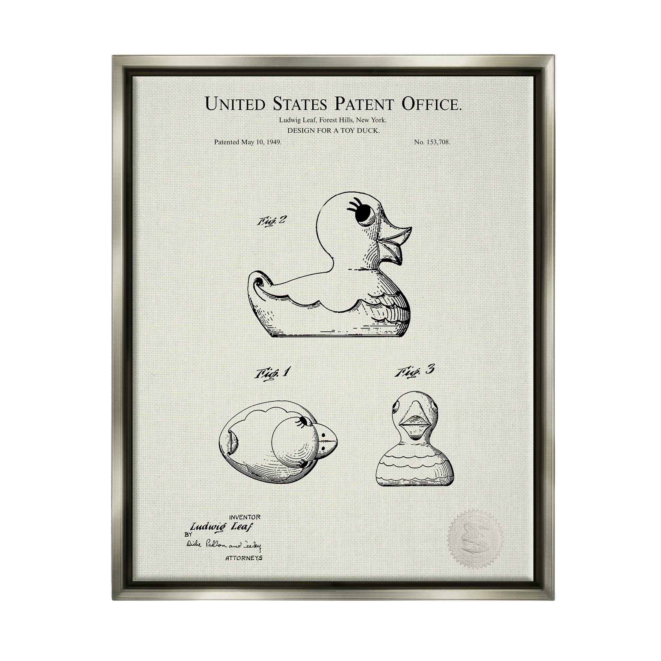 Stupell Industries Vintage Duck Toy Patent Graphic Art Luster Gray Floating Framed Canvas Print Wall Art, Design by Karl Hronek
