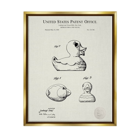 Stupell Industries Vintage Duck Toy Patent Graphic Art Metallic Gold Floating Framed Canvas Print Wall Art, Design by Karl Hronek