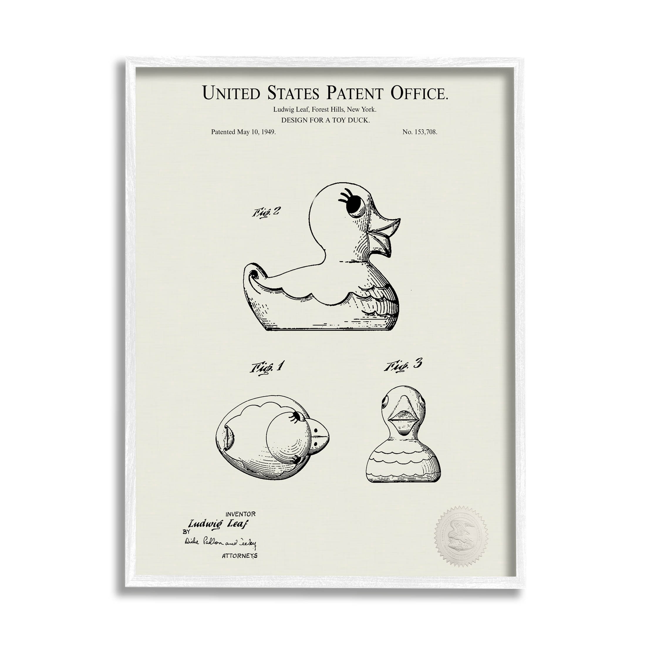 Stupell Industries Vintage Duck Toy Patent Graphic Art White Framed Art Print Wall Art, Design by Karl Hronek