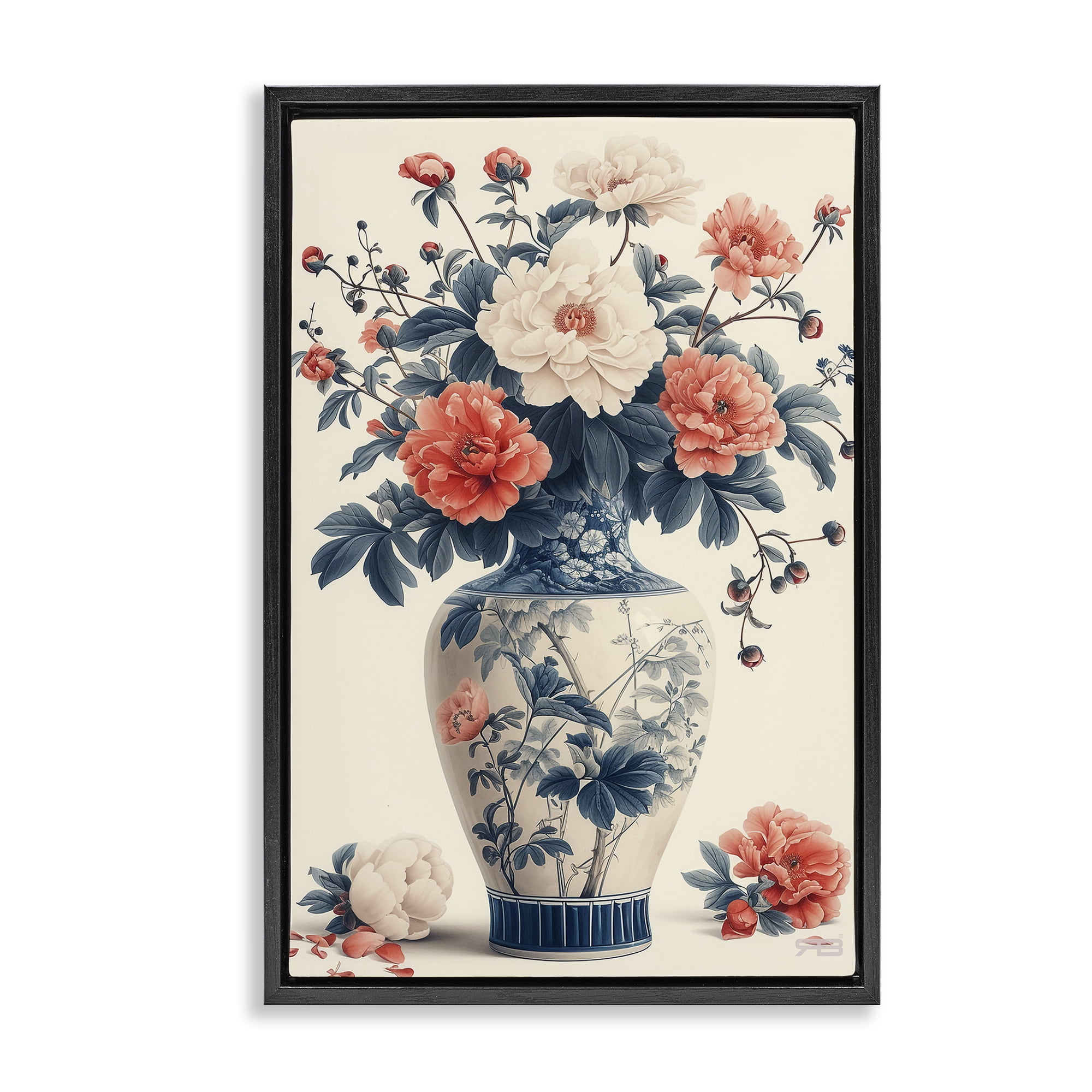 Stupell Industries Vintage Eastern Vase Botanical & Floral Painting Black Floater Framed Art Print Wall Art, 21 x 31