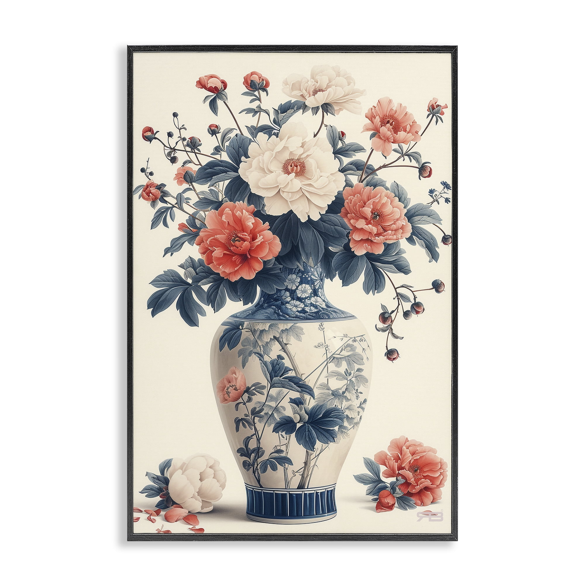 Stupell Industries Vintage Eastern Vase Botanical & Floral Painting Black Framed Art Print Wall Art, 16 x 24