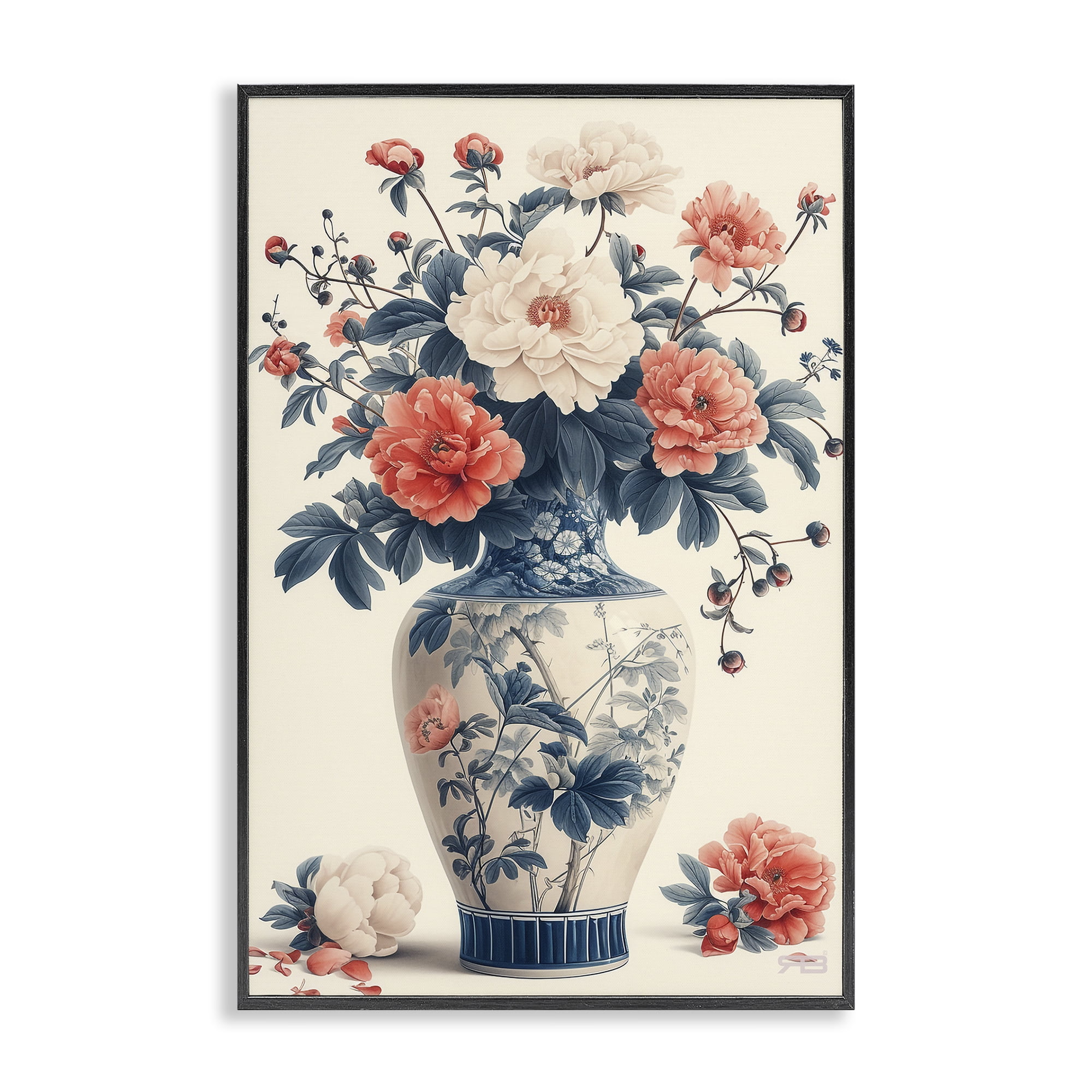 Stupell Industries Vintage Eastern Vase Botanical & Floral Painting Black Framed Art Print Wall Art, 20 x 30