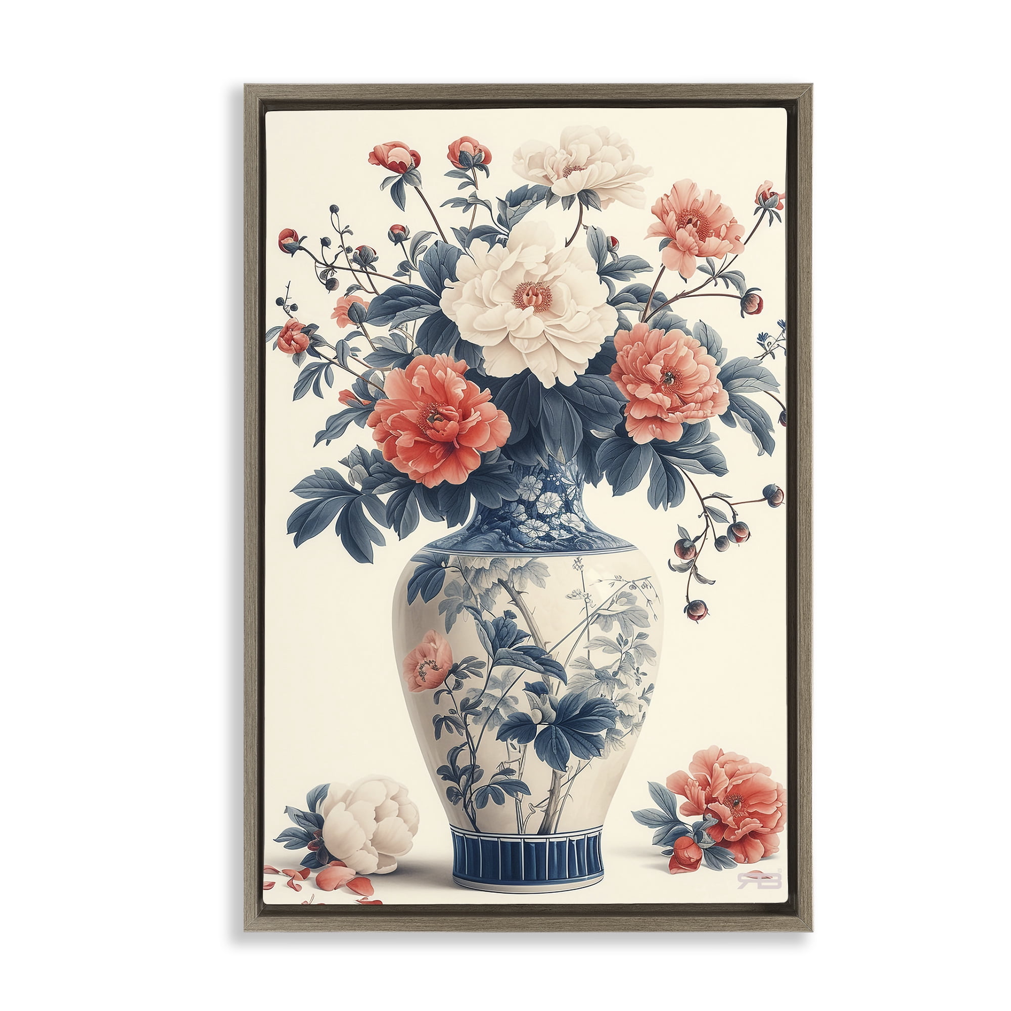 Stupell Industries Vintage Eastern Vase Botanical & Floral Painting Brown Floater Framed Art Print Wall Art, 17 x 25