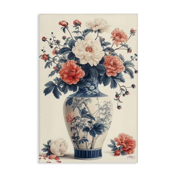 Stupell Industries Vintage Eastern Vase Botanical & Floral Painting Gallery Wrapped Canvas Art Print Wall Art, 20 x 30